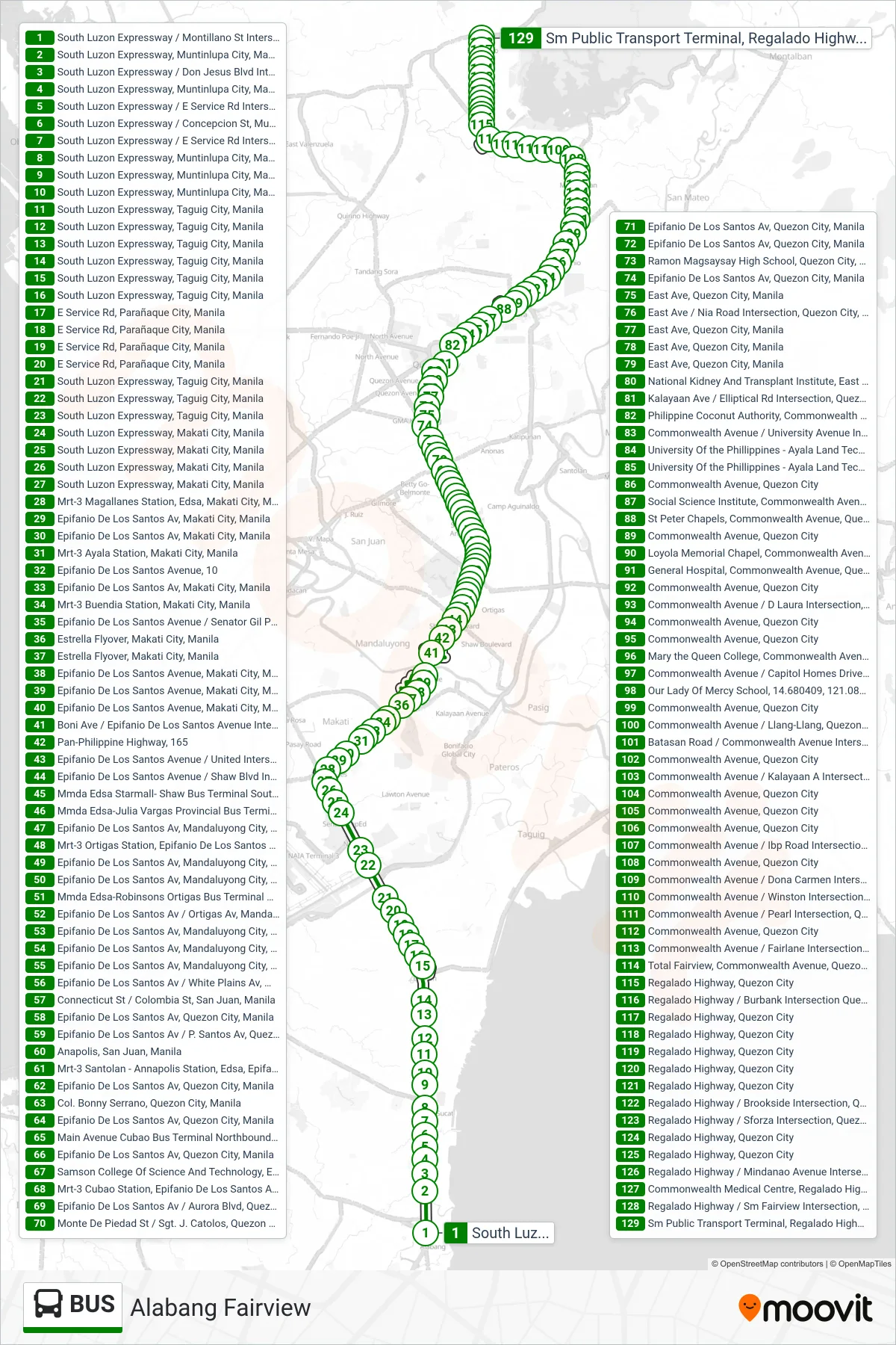 BUS bus Line (South Luzon Expressway / Montillano St Intersection, Muntinlupa City, Manila→Sm Public Transport Terminal, Regalado Highway, Quezon City) route and stops on a map