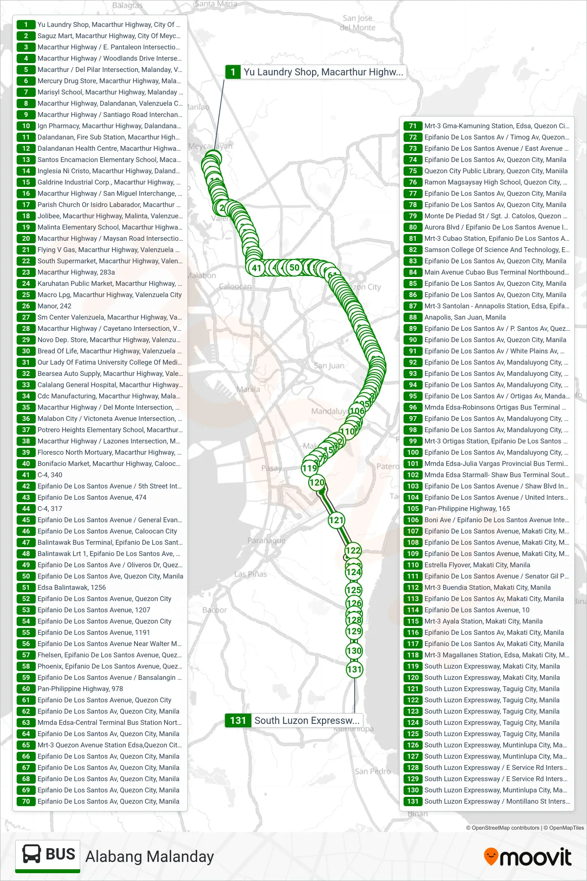 BUS bus Line (Yu Laundry Shop, Macarthur Highway, City Of Meycauayan‎→South Luzon Expressway / Montillano St Intersection, Muntinlupa City, Manila) route and stops on a map
