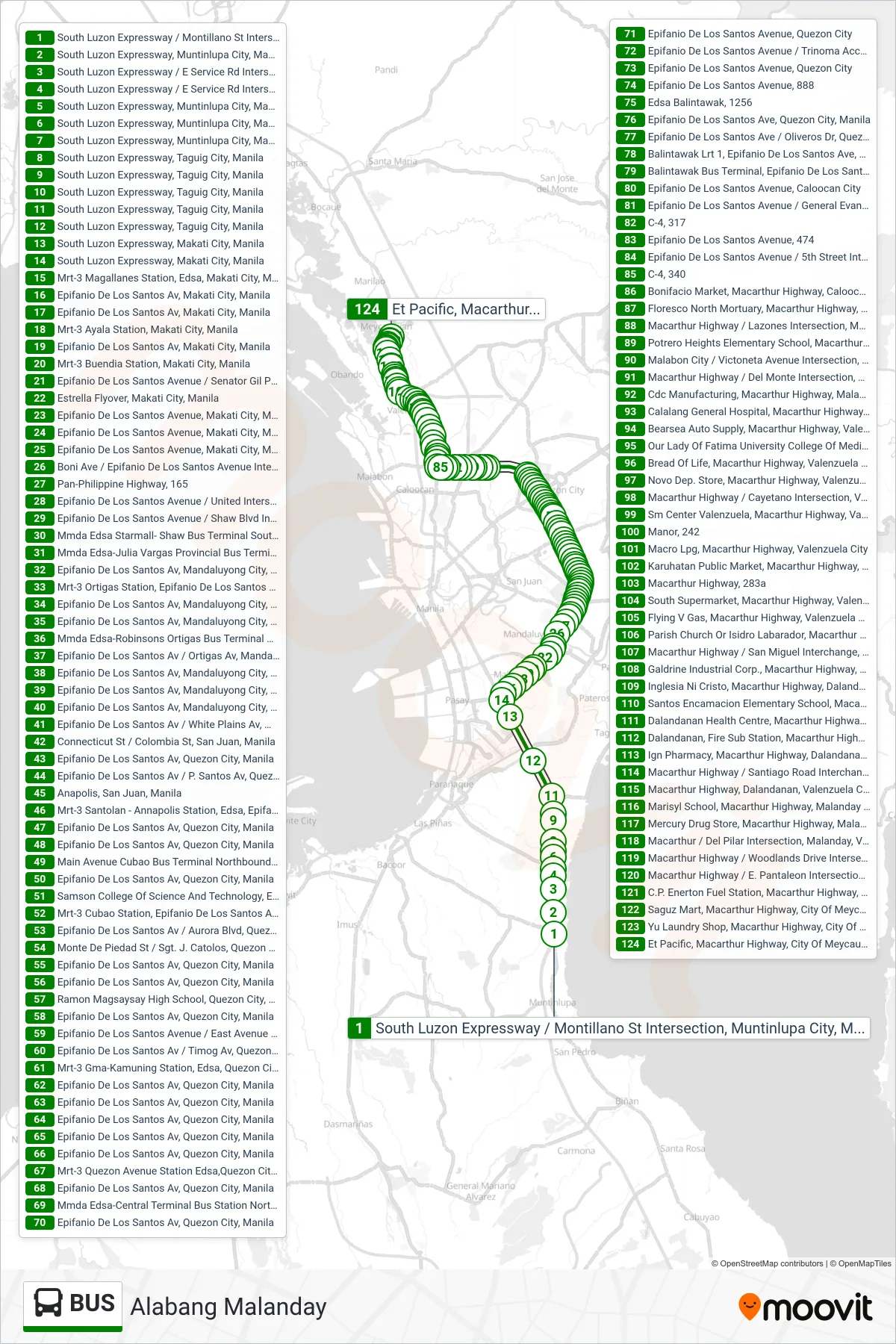 BUS bus Line (South Luzon Expressway / Montillano St Intersection, Muntinlupa City, Manila‎→Et Pacific, Macarthur Highway, City Of Meycauayan) route and stops on a map