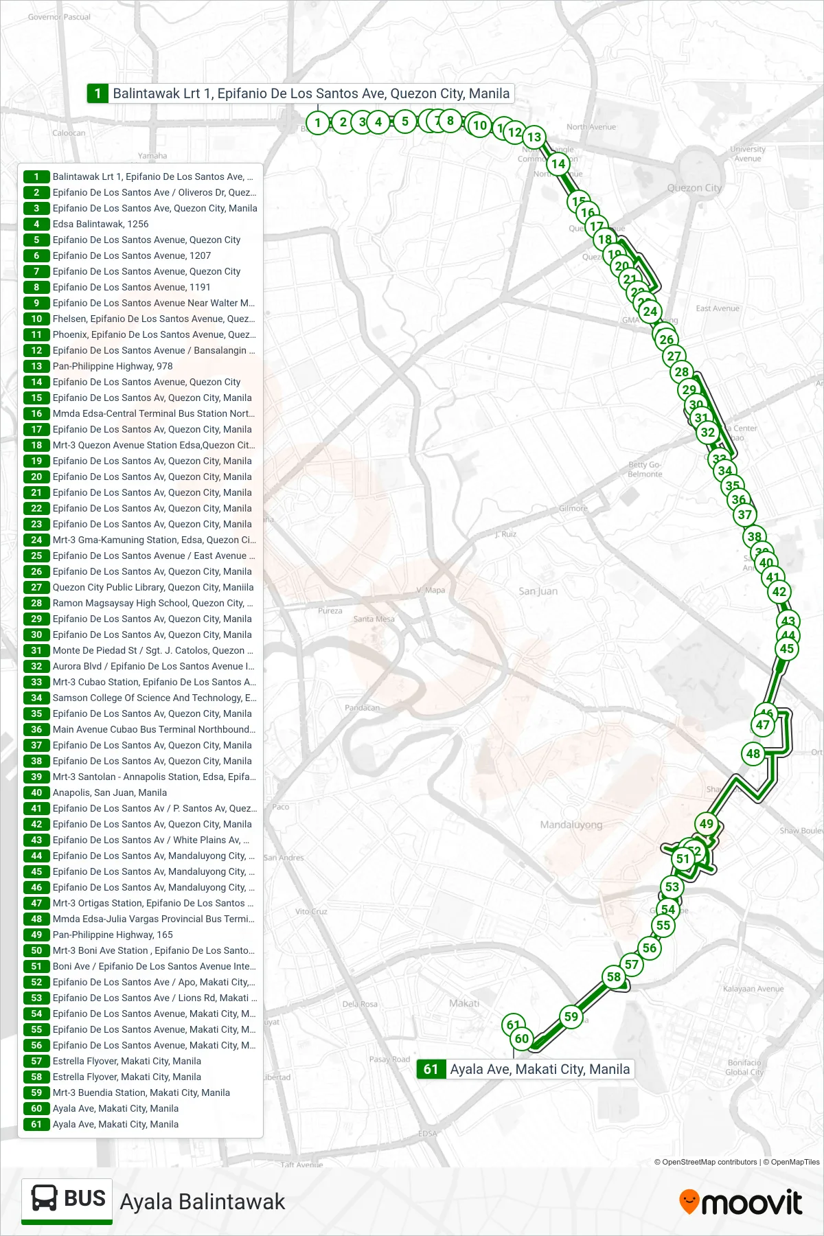 BUS bus Line (Balintawak Lrt 1, Epifanio De Los Santos Ave, Quezon City, Manila‎→Ayala Ave, Makati City, Manila) route and stops on a map