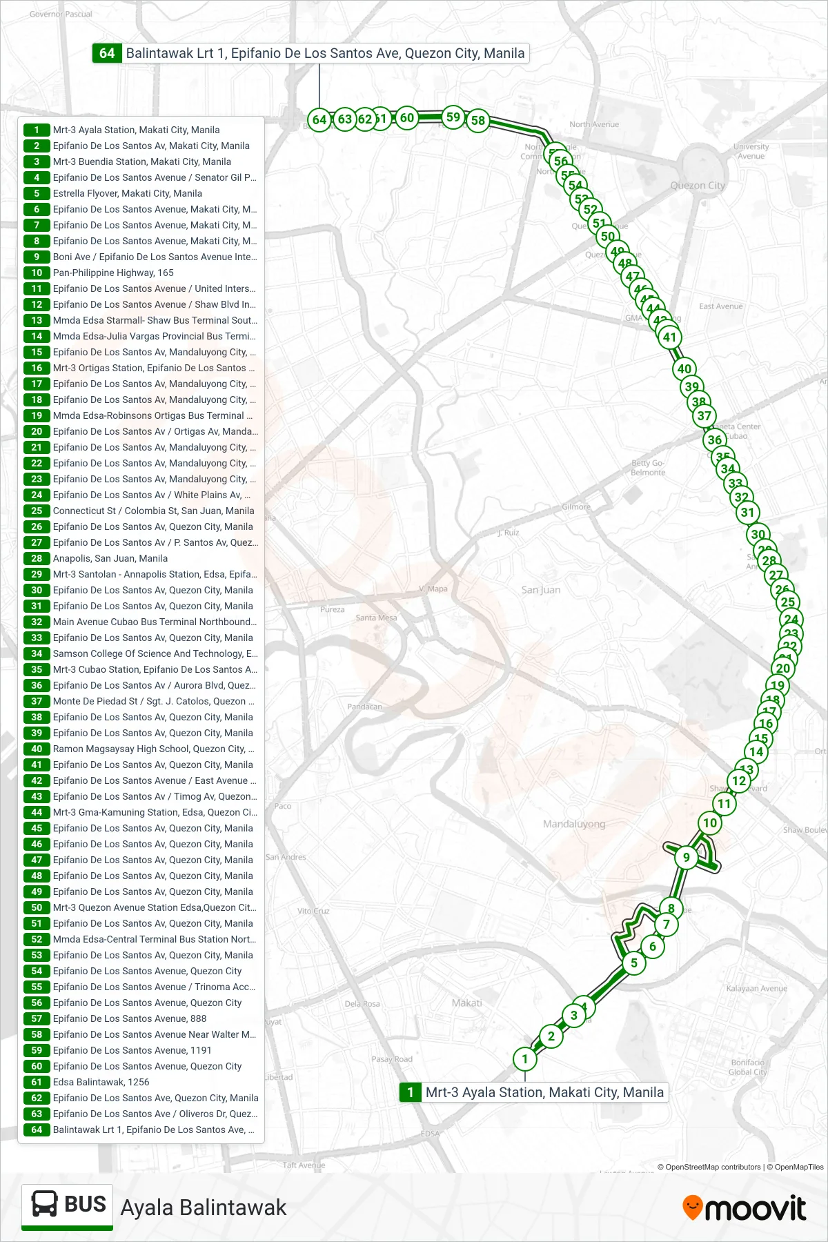 BUS bus Line (Mrt-3 Ayala Station, Makati City, Manila‎→Balintawak Lrt 1, Epifanio De Los Santos Ave, Quezon City, Manila) route and stops on a map