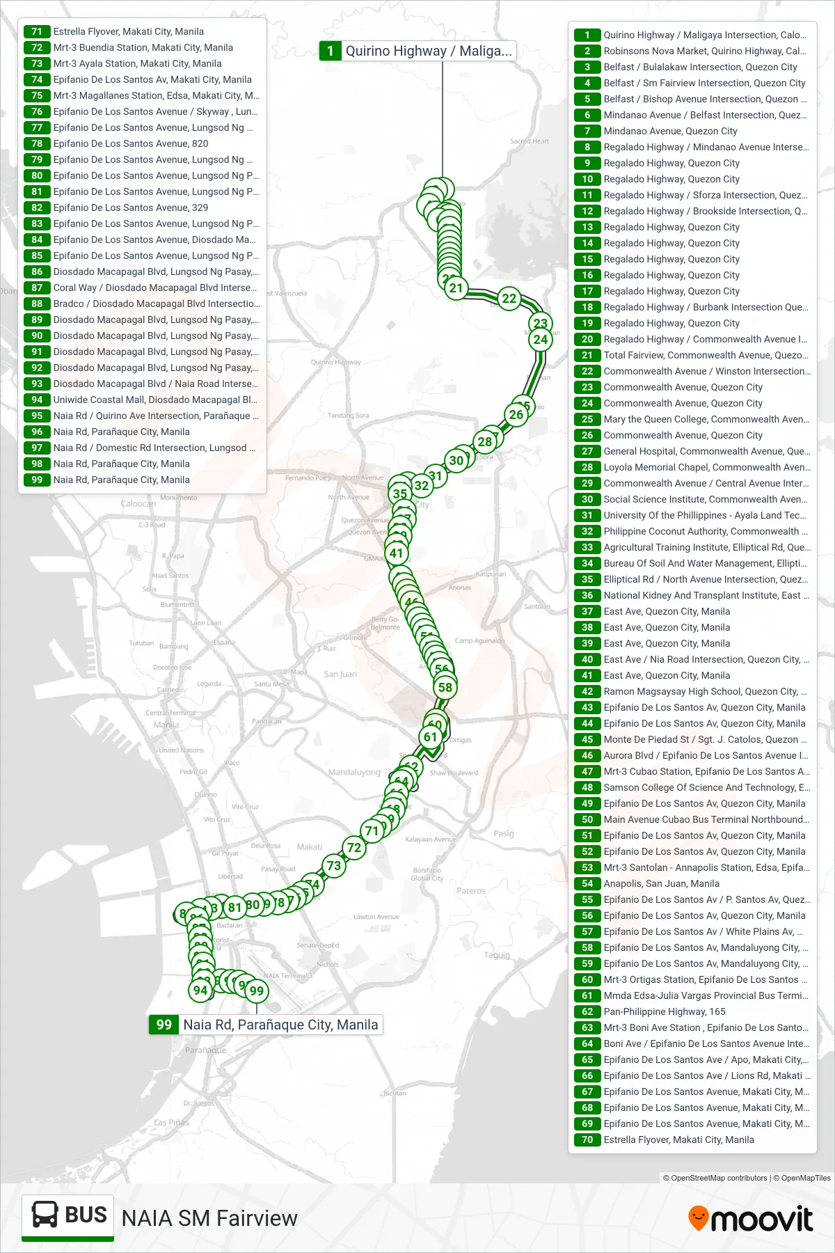 BUS bus Line (Quirino Highway / Maligaya Intersection, Caloocan City→Naia Rd, Parañaque City, Manila) route and stops on a map
