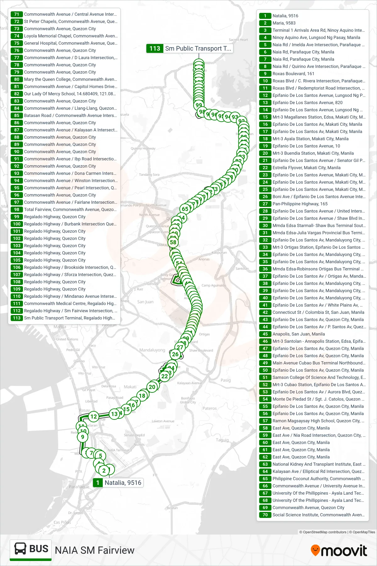BUS bus Line (Natalia, 9516‎→Sm Public Transport Terminal, Regalado Highway, Quezon City) route and stops on a map