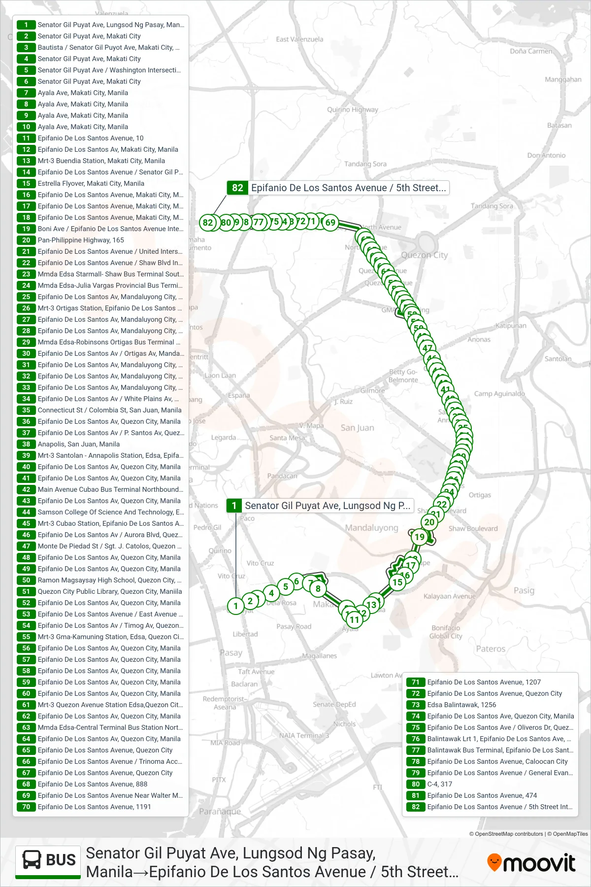 BUS bus Line (Senator Gil Puyat Ave, Lungsod Ng Pasay, Manila→Epifanio De Los Santos Avenue / 5th Street Intersection , Caloocan City) route and stops on a map
