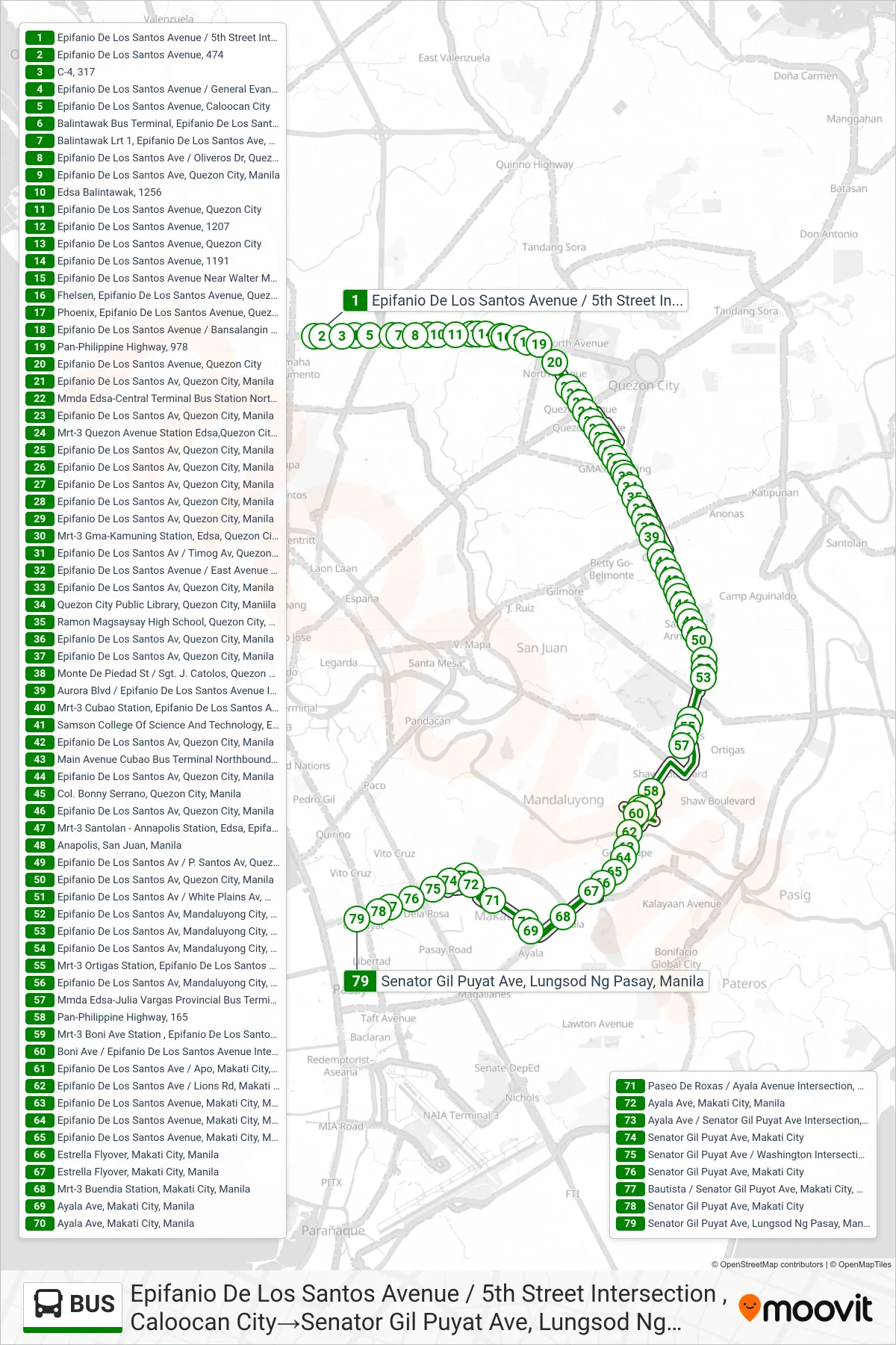 BUS bus Line (Epifanio De Los Santos Avenue / 5th Street Intersection , Caloocan City‎→Senator Gil Puyat Ave, Lungsod Ng Pasay, Manila) route and stops on a map