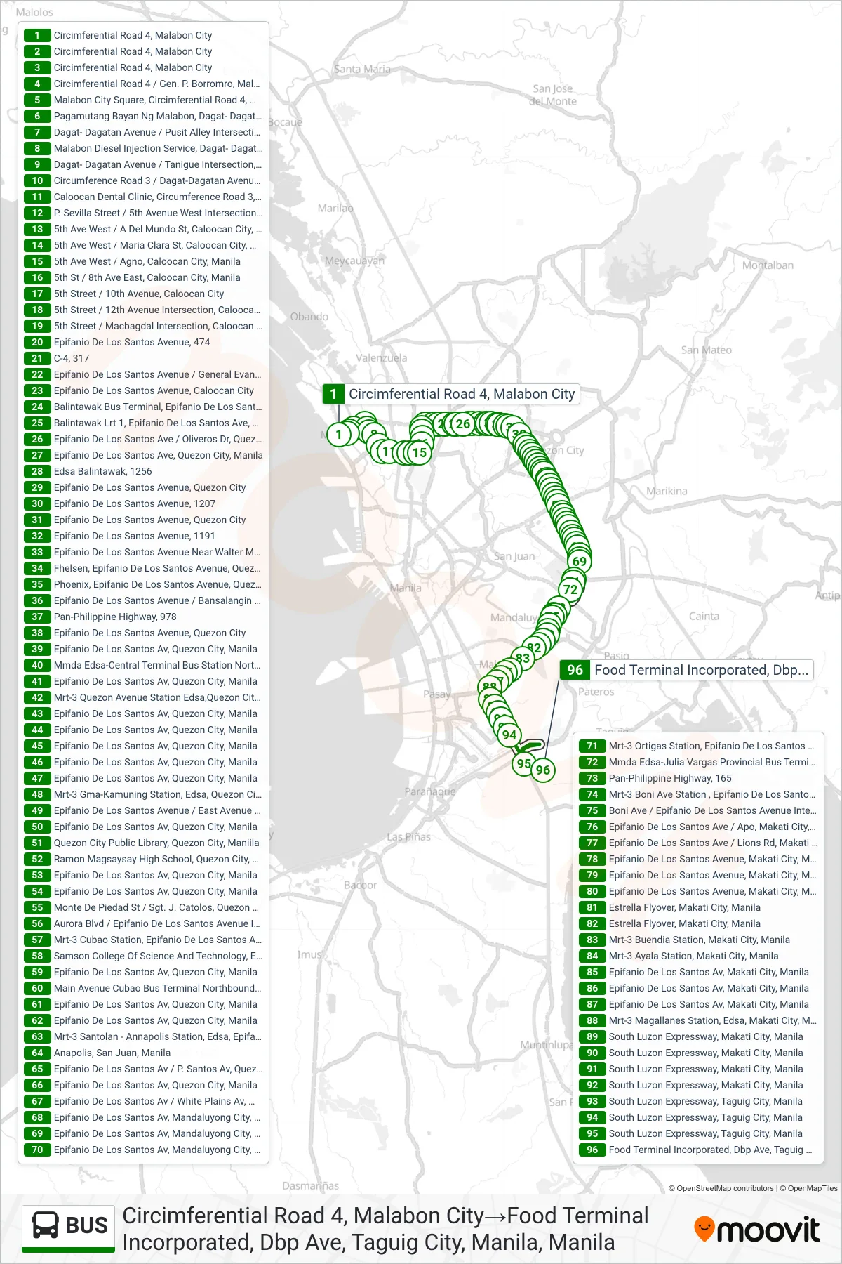 BUS bus Line (Circimferential Road 4, Malabon City→Food Terminal Incorporated, Dbp Ave, Taguig City, Manila, Manila) route and stops on a map