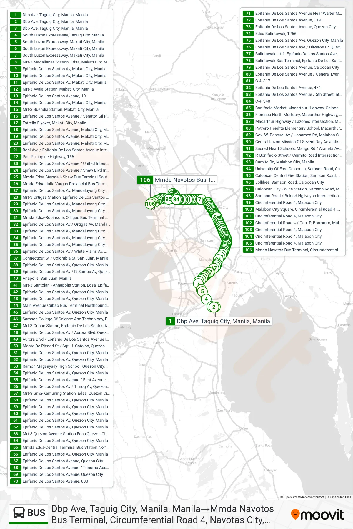 BUS bus Line (Dbp Ave, Taguig City, Manila, Manila→Mmda Navotos Bus Terminal, Circumferential Road 4, Navotas City, Manila) route and stops on a map