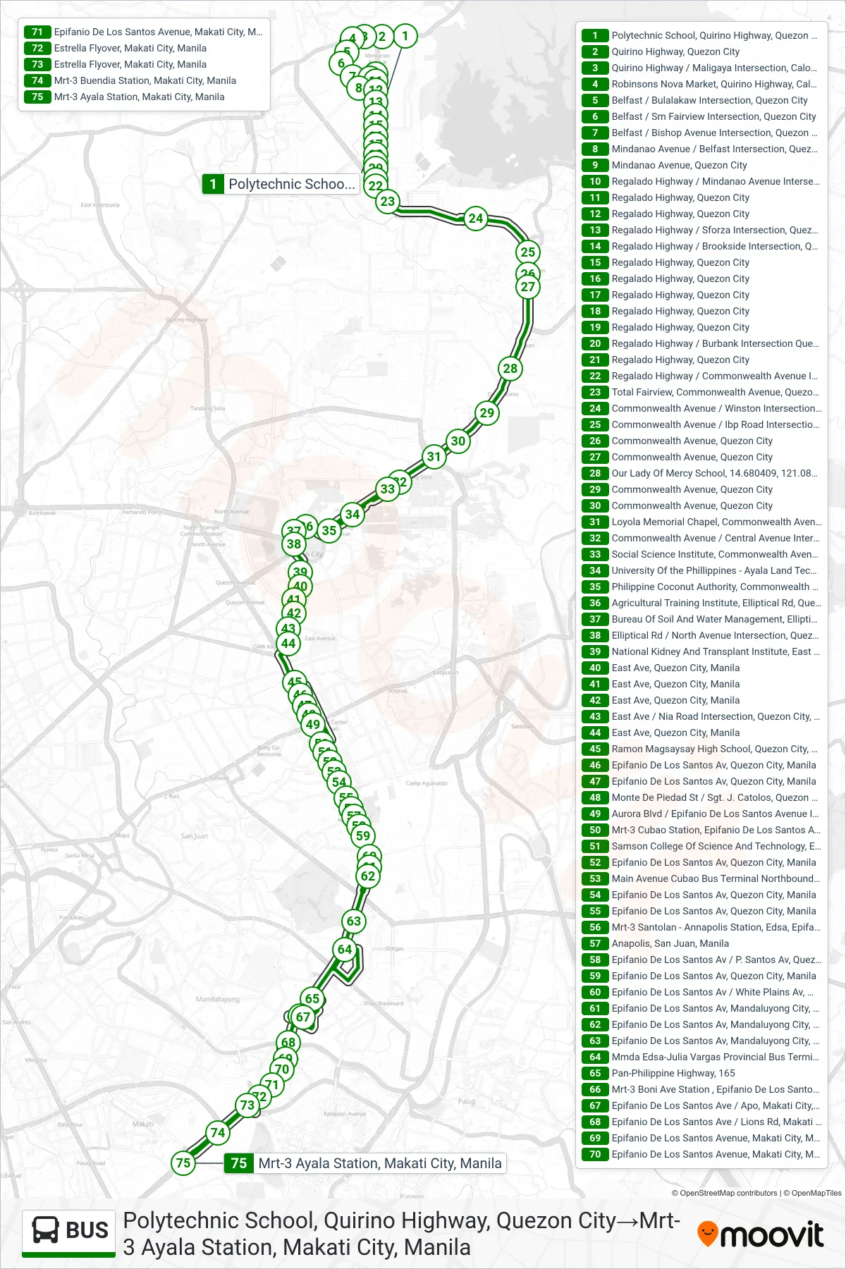 BUS bus Line (Polytechnic School, Quirino Highway, Quezon City→Mrt-3 Ayala Station, Makati City, Manila) route and stops on a map