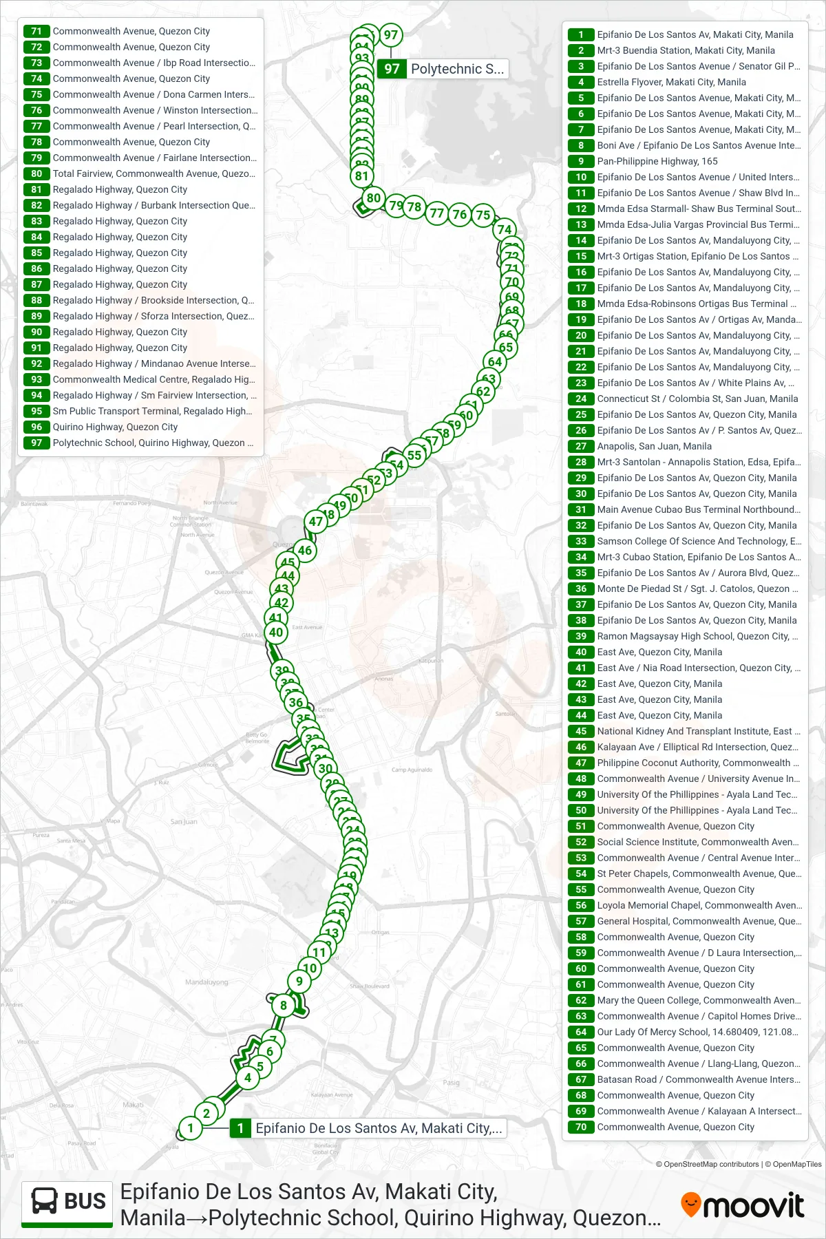 BUS bus Line (Epifanio De Los Santos Av, Makati City, Manila→Polytechnic School, Quirino Highway, Quezon City) route and stops on a map
