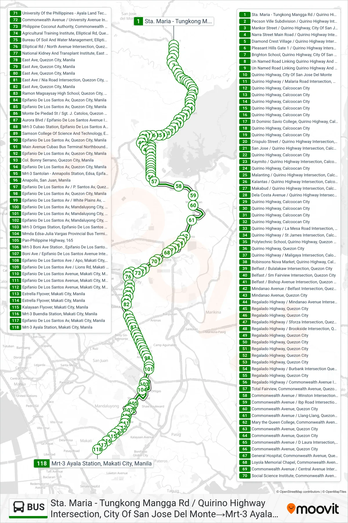 BUS bus Line (Sta. Maria - Tungkong Mangga Rd / Quirino Highway Intersection, City Of San Jose Del Monte→Mrt-3 Ayala Station, Makati City, Manila) route and stops on a map