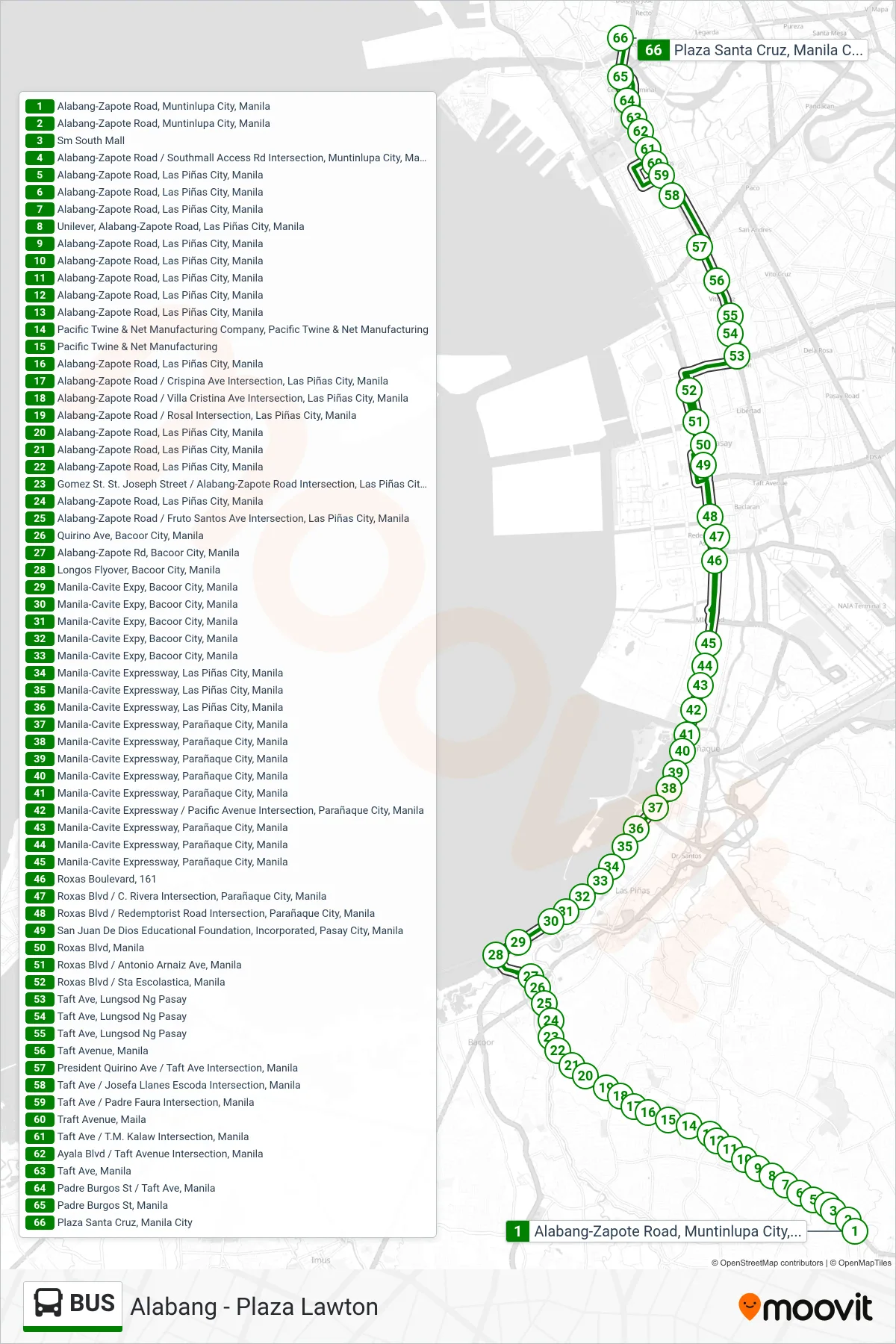 BUS bus Line (Alabang-Zapote Road, Muntinlupa City, Manila→Plaza Santa Cruz, Manila City) route and stops on a map