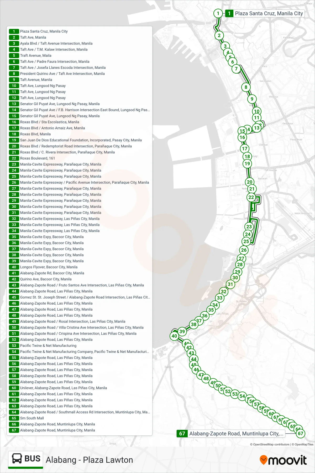 BUS bus Line (Plaza Santa Cruz, Manila City‎→Alabang-Zapote Road, Muntinlupa City, Manila) route and stops on a map