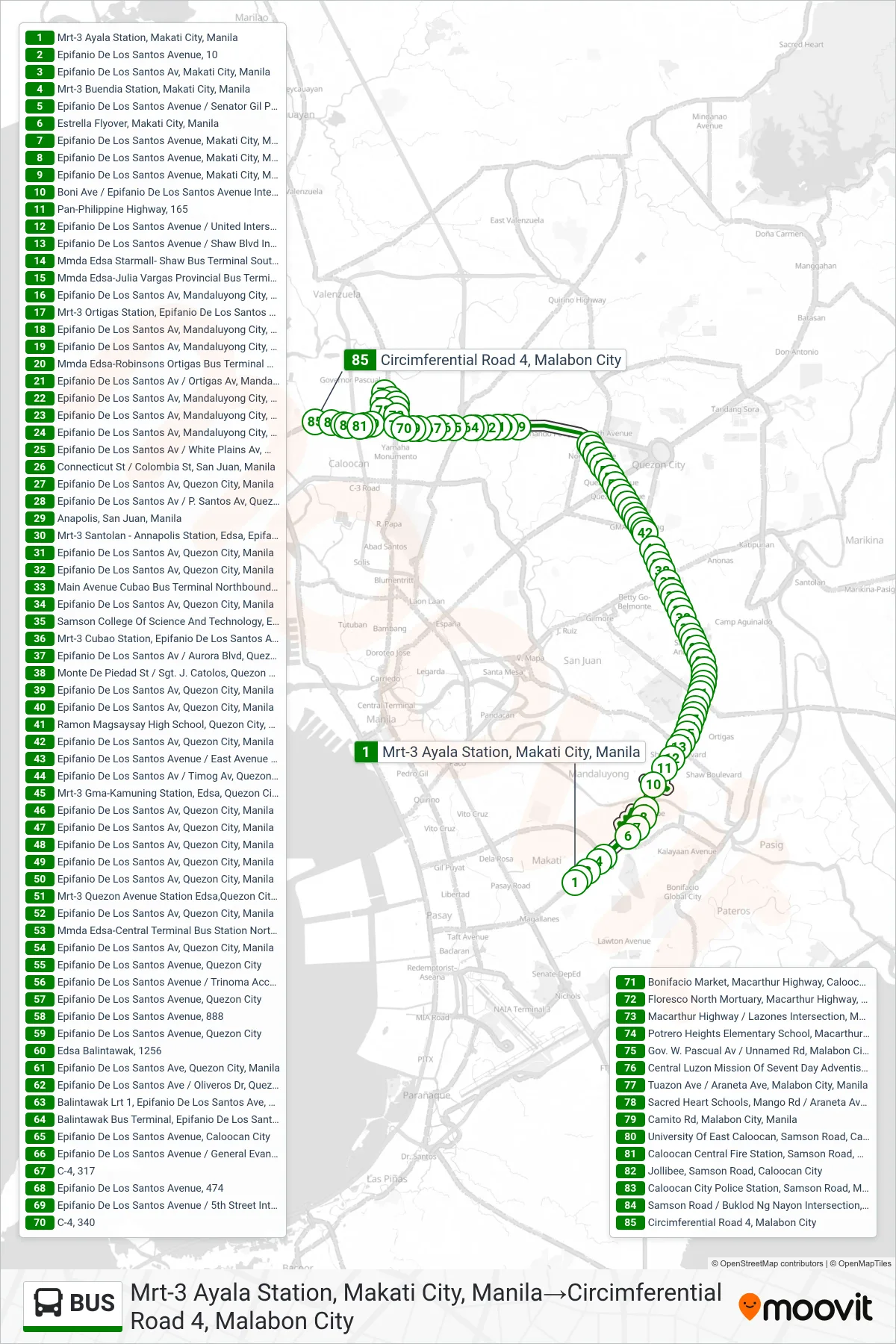 BUS bus Line (Mrt-3 Ayala Station, Makati City, Manila‎→Circimferential Road 4, Malabon City) route and stops on a map