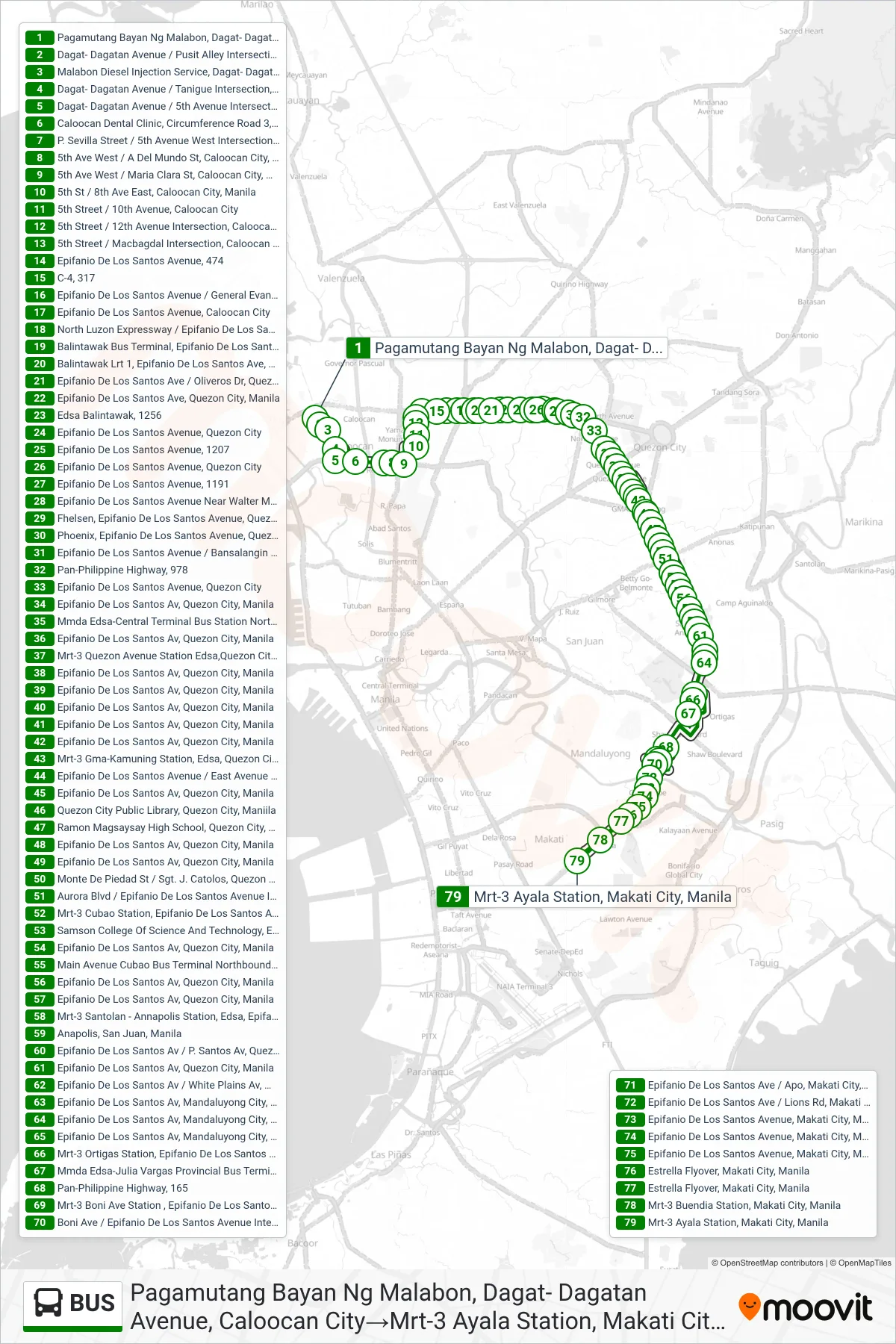BUS bus Line (Pagamutang Bayan Ng Malabon, Dagat- Dagatan Avenue, Caloocan City→Mrt-3 Ayala Station, Makati City, Manila) route and stops on a map