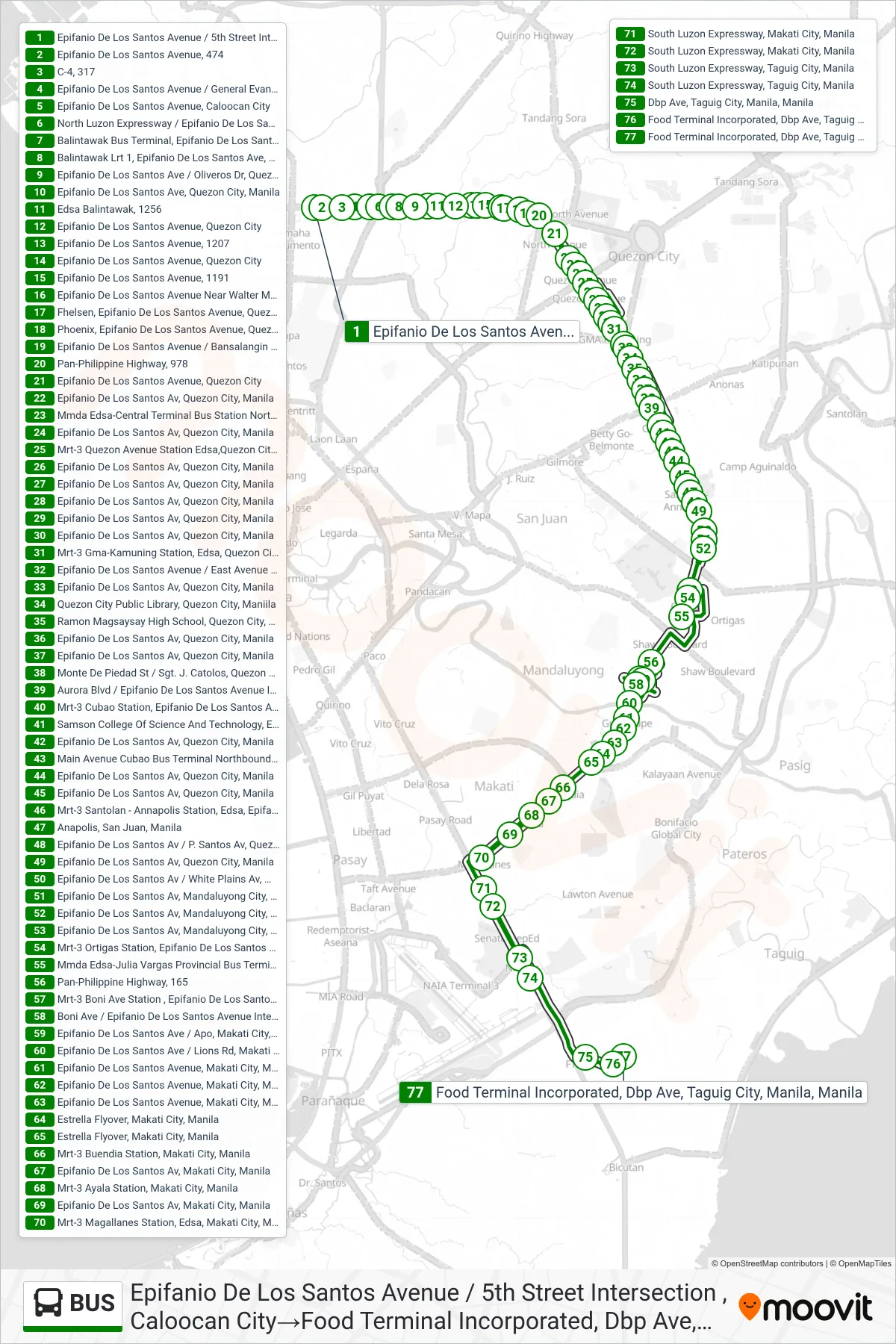 BUS bus Line (Epifanio De Los Santos Avenue / 5th Street Intersection , Caloocan City‎→Food Terminal Incorporated, Dbp Ave, Taguig City, Manila, Manila) route and stops on a map
