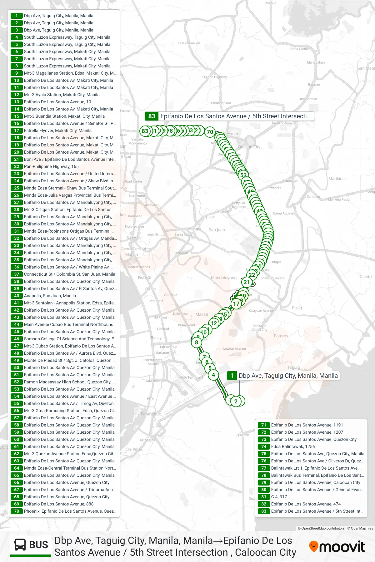 BUS bus Line (Dbp Ave, Taguig City, Manila, Manila→Epifanio De Los Santos Avenue / 5th Street Intersection , Caloocan City) route and stops on a map