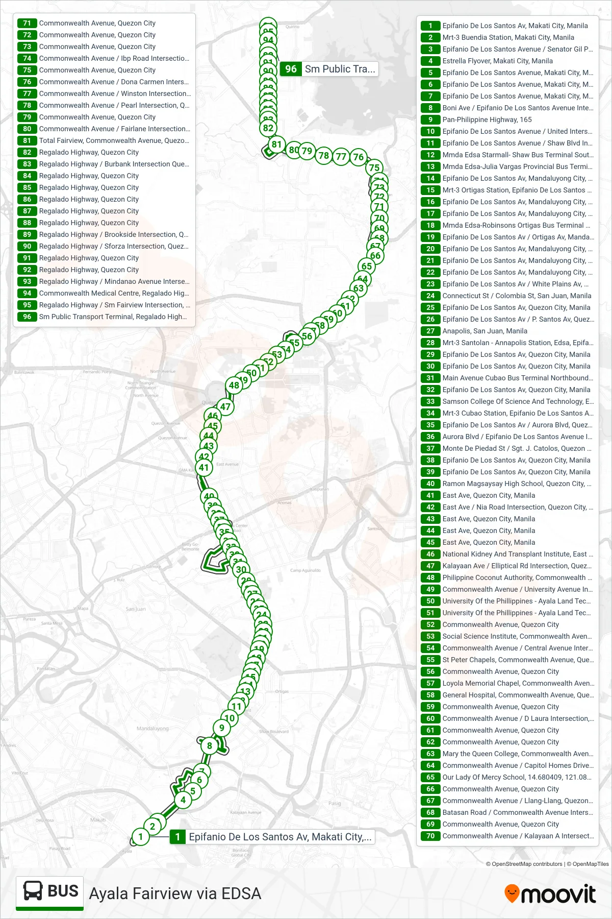 BUS bus Line (Epifanio De Los Santos Av, Makati City, Manila‎→Sm Public Transport Terminal, Regalado Highway, Quezon City) route and stops on a map