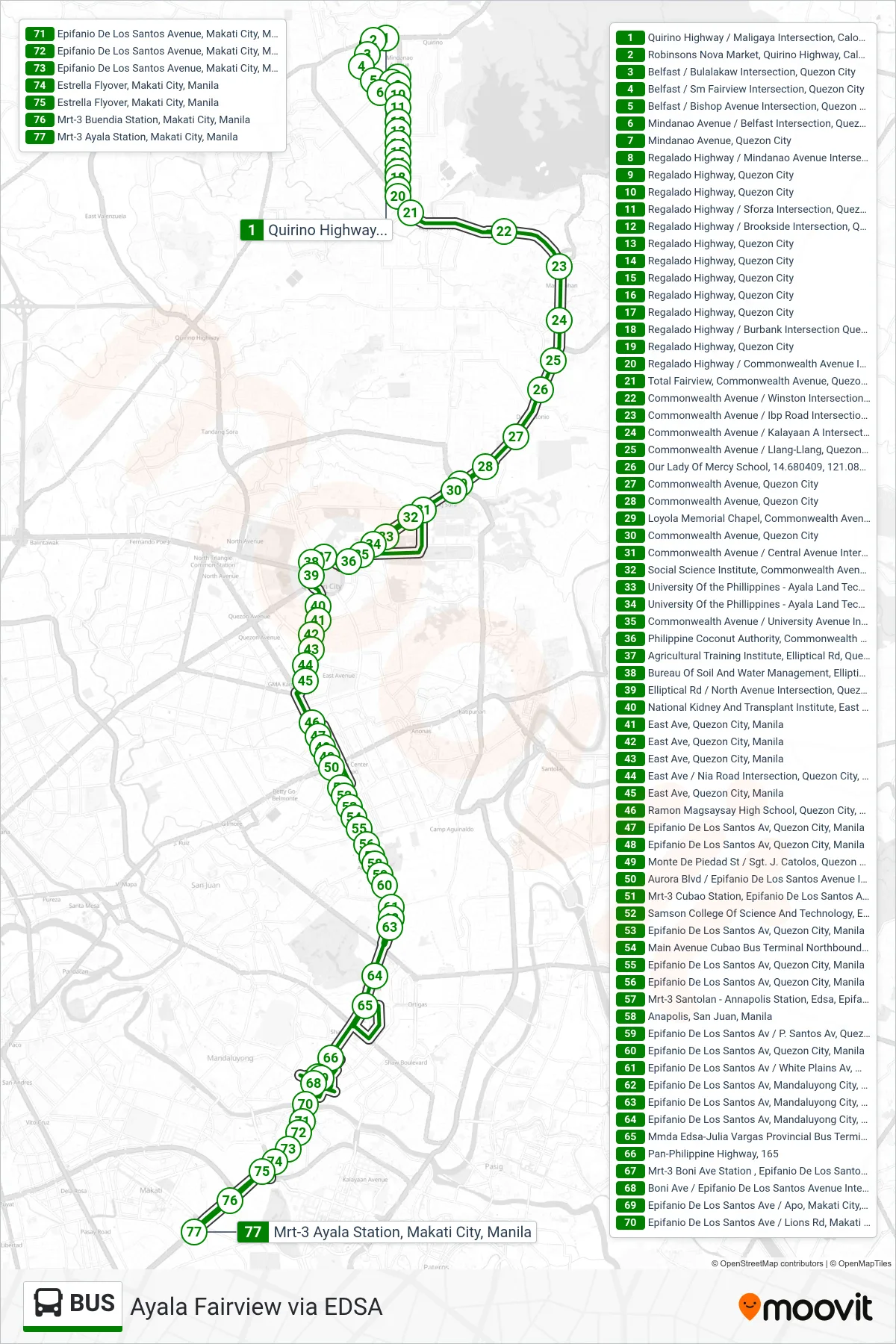 BUS bus Line (Quirino Highway / Maligaya Intersection, Caloocan City→Mrt-3 Ayala Station, Makati City, Manila) route and stops on a map