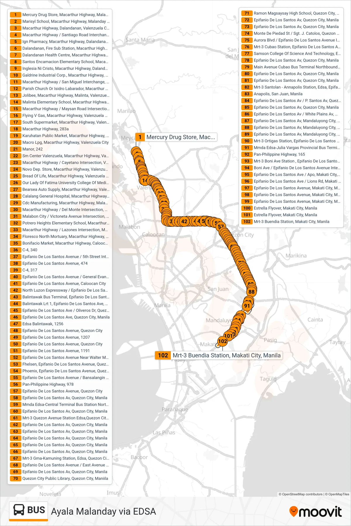 BUS bus Line (Mercury Drug Store, Macarthur Highway, Malanday, Valenzuela City‎→Mrt-3 Buendia Station, Makati City, Manila) route and stops on a map