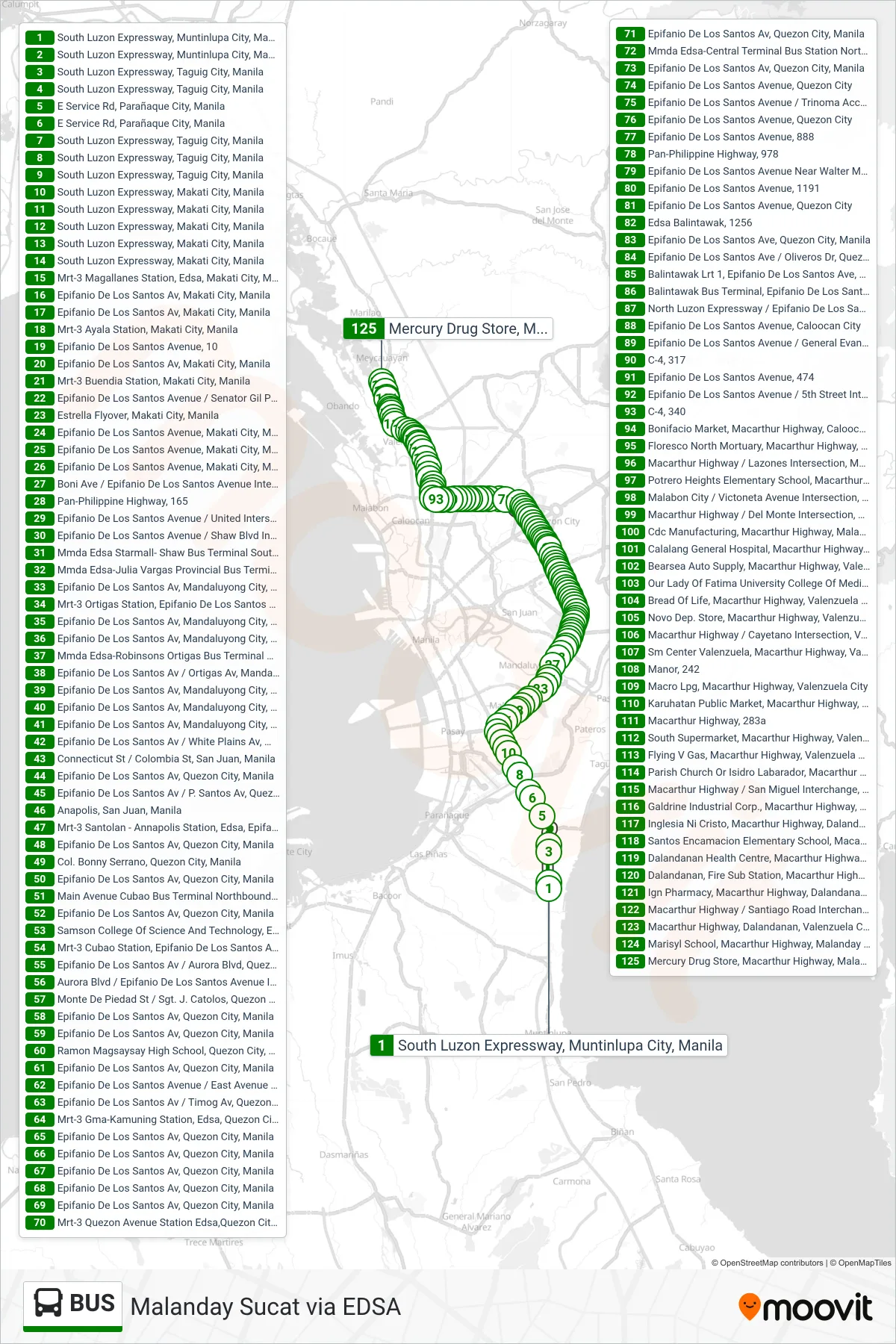 BUS bus Line (South Luzon Expressway, Muntinlupa City, Manila‎→Mercury Drug Store, Macarthur Highway, Malanday, Valenzuela City) route and stops on a map