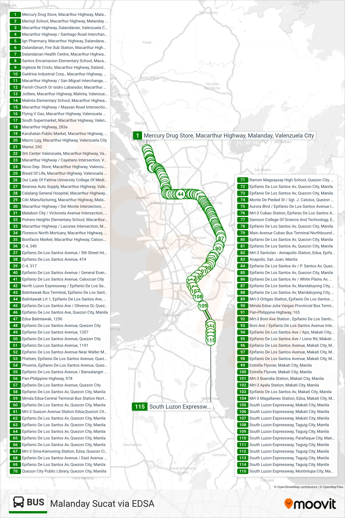 BUS bus Line (Mercury Drug Store, Macarthur Highway, Malanday, Valenzuela City‎→South Luzon Expressway, Muntinlupa City, Manila) route and stops on a map