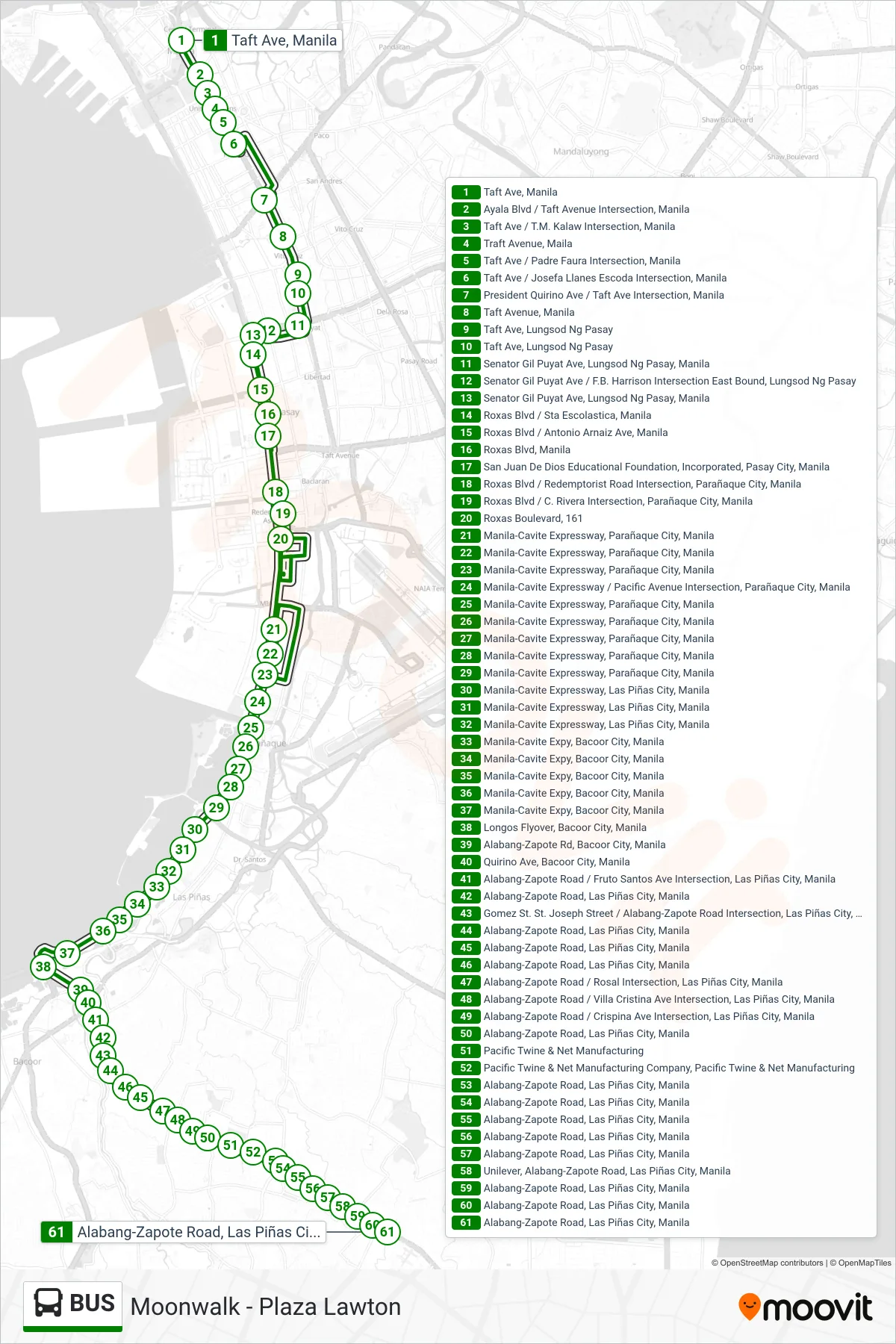 BUS bus Line (Taft Ave, Manila‎→Alabang-Zapote Road, Las Piñas City, Manila) route and stops on a map