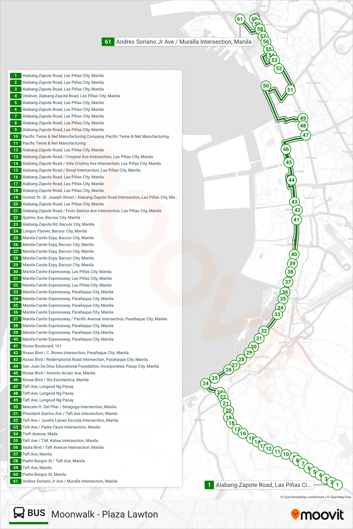 BUS bus Line (Alabang-Zapote Road, Las Piñas City, Manila‎→Andres Soriano Jr Ave / Muralla Intersection, Manila) route and stops on a map