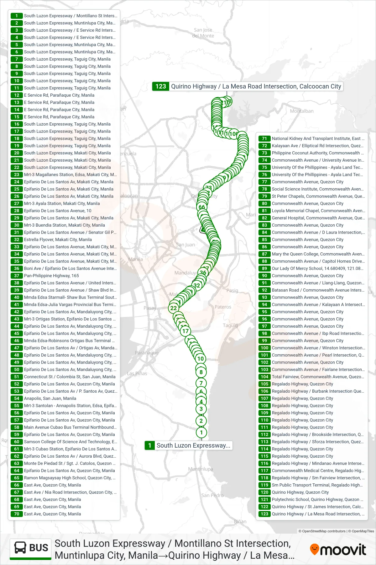 BUS bus Line (South Luzon Expressway / Montillano St Intersection, Muntinlupa City, Manila→Quirino Highway / La Mesa Road Intersection, Calcoocan City) route and stops on a map