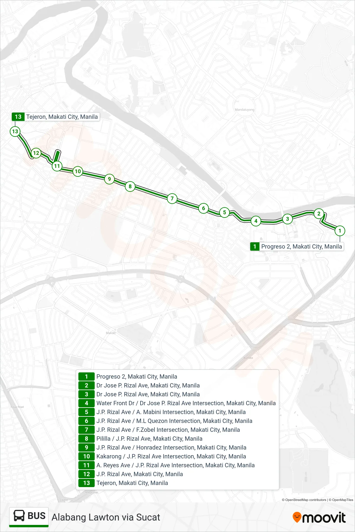 BUS bus Line (Progreso 2, Makati City, Manila‎→Tejeron, Makati City, Manila) route and stops on a map