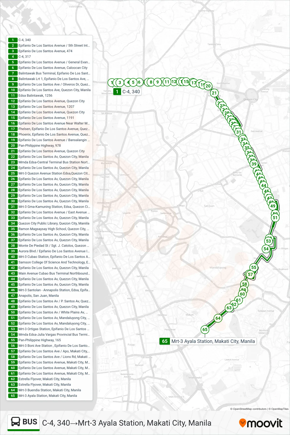 BUS bus Line (C-4, 340‎→Mrt-3 Ayala Station, Makati City, Manila) route and stops on a map