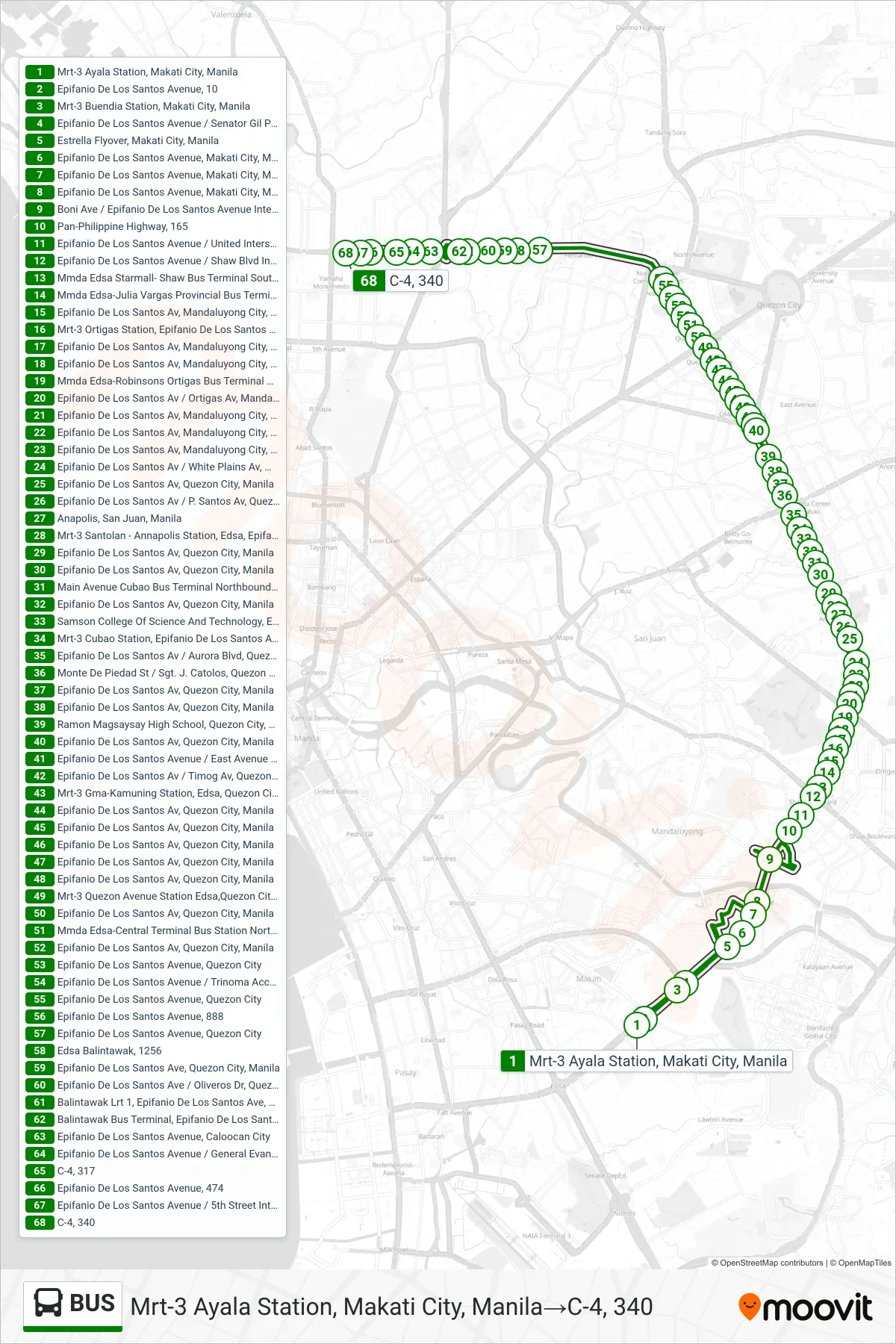 BUS bus Line (Mrt-3 Ayala Station, Makati City, Manila→C-4, 340) route and stops on a map