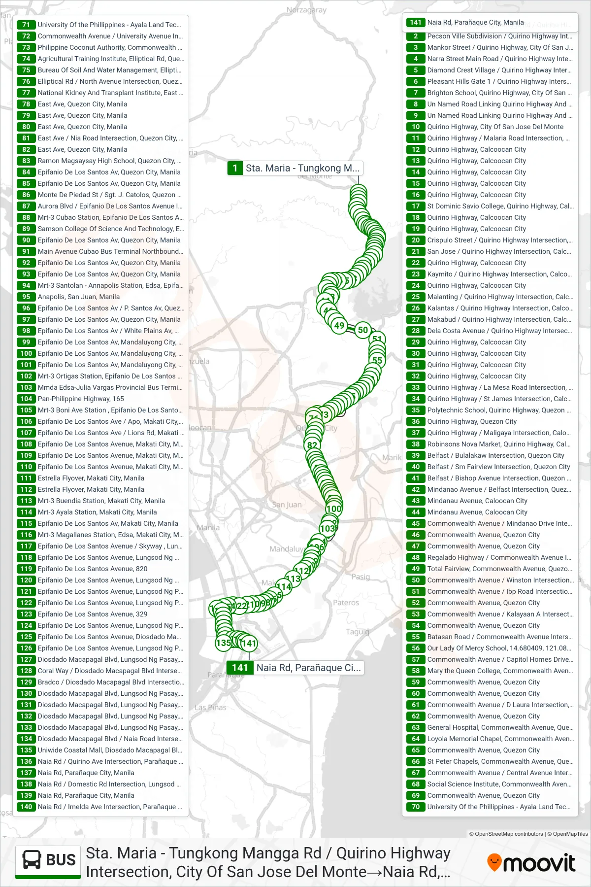 BUS bus Line (Sta. Maria - Tungkong Mangga Rd / Quirino Highway Intersection, City Of San Jose Del Monte‎→Naia Rd, Parañaque City, Manila) route and stops on a map