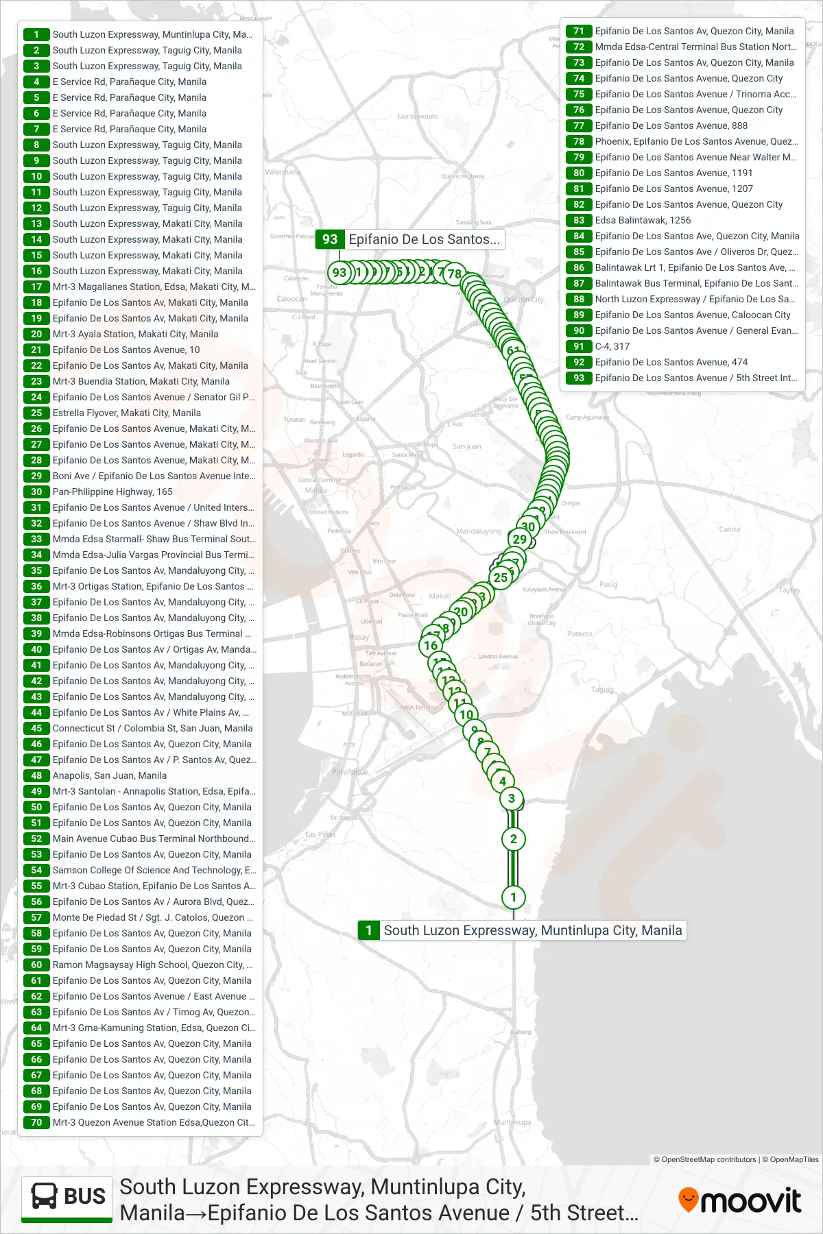 BUS bus Line (South Luzon Expressway, Muntinlupa City, Manila‎→Epifanio De Los Santos Avenue / 5th Street Intersection , Caloocan City) route and stops on a map