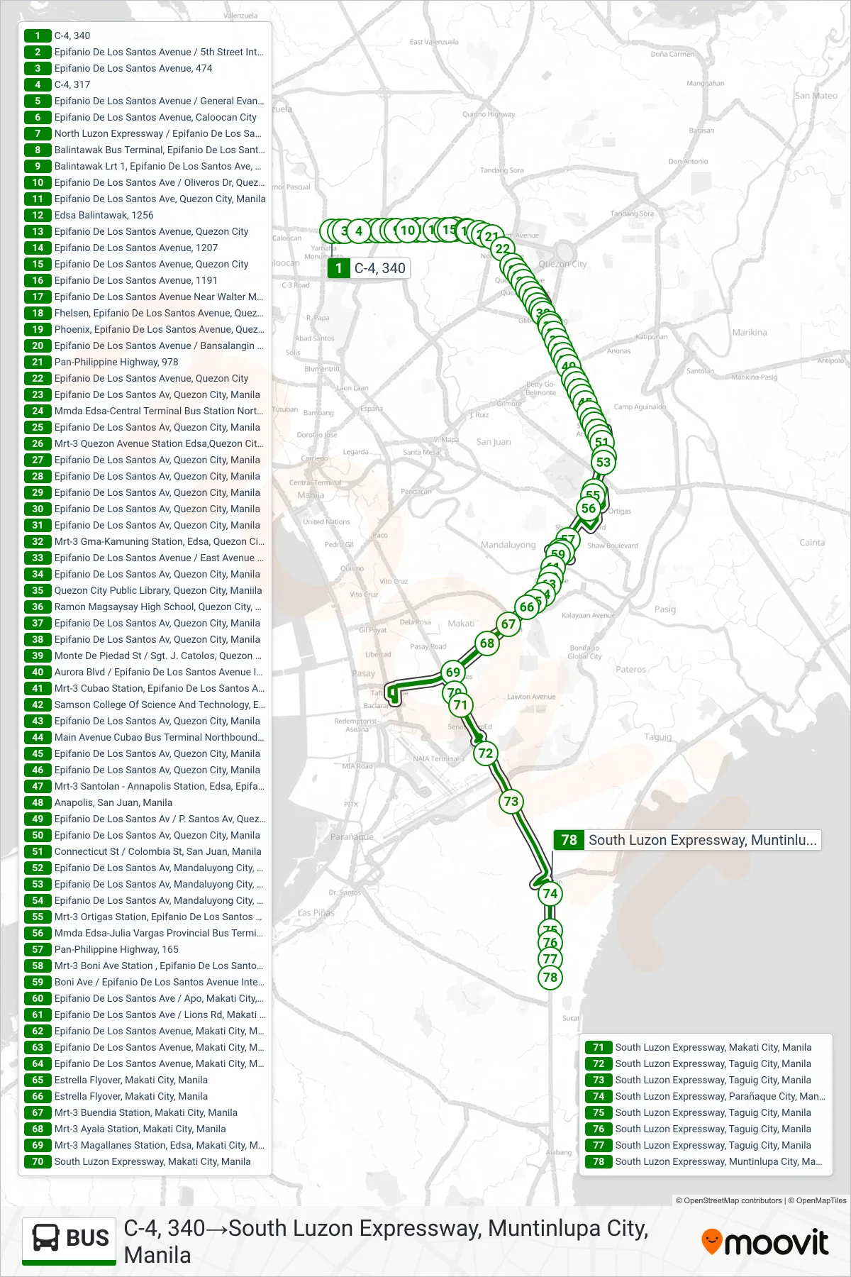 BUS bus Line (C-4, 340‎→South Luzon Expressway, Muntinlupa City, Manila) route and stops on a map