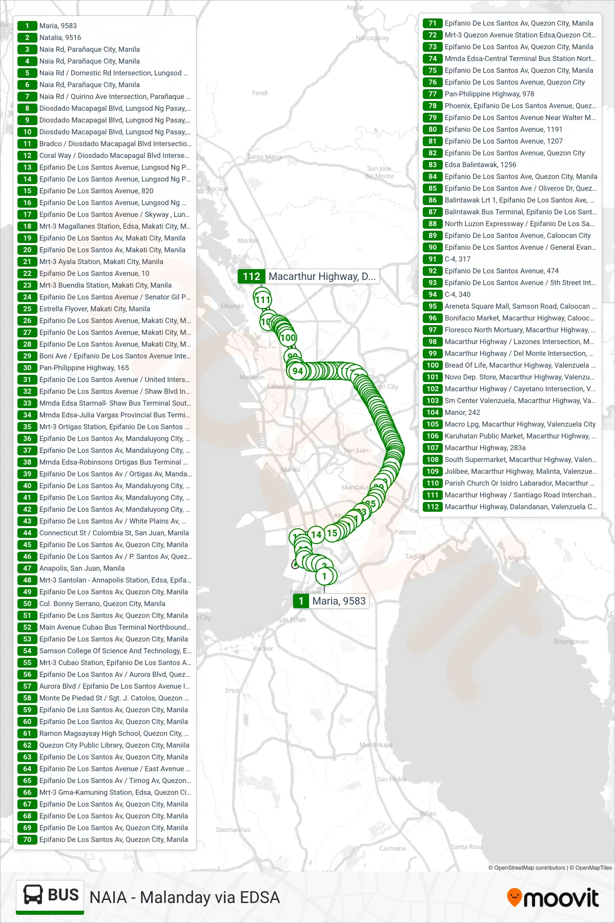 BUS bus Line (Maria, 9583→Macarthur Highway, Dalandanan, Valenzuela City) route and stops on a map