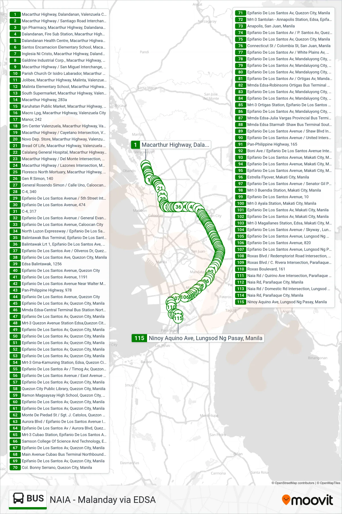 BUS bus Line (Macarthur Highway, Dalandanan, Valenzuela City→Ninoy Aquino Ave, Lungsod Ng Pasay, Manila) route and stops on a map