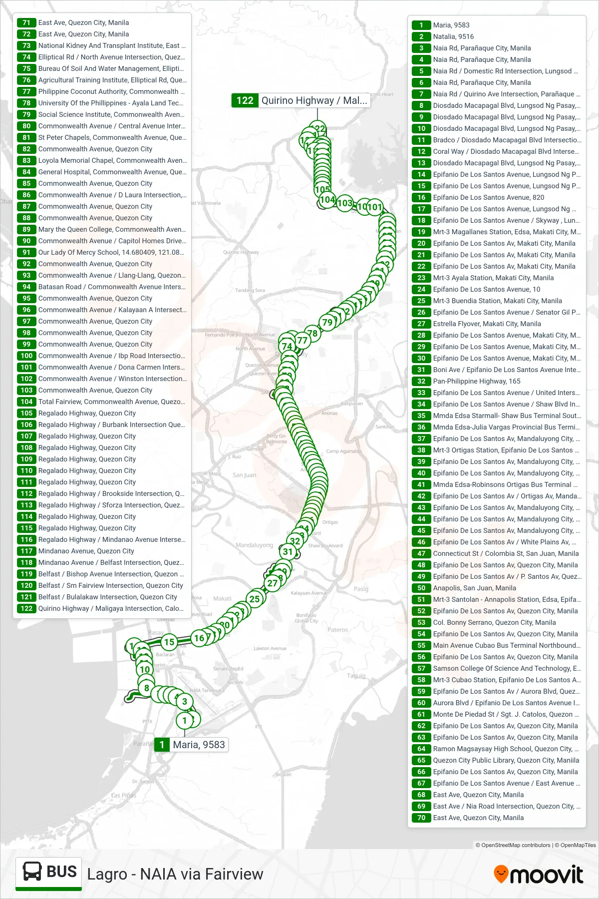 BUS bus Line (Maria, 9583‎→Quirino Highway / Maligaya Intersection, Caloocan City) route and stops on a map