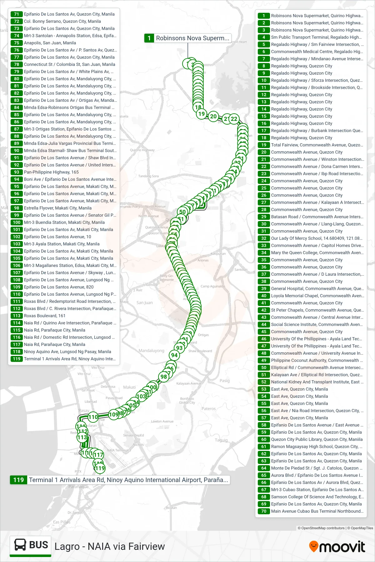 BUS bus Line (Robinsons Nova Supermarket, Quirino Highway, Caloocan City, Manila→Terminal 1 Arrivals Area Rd, Ninoy Aquino International Airport, Parañaque City, Manila) route and stops on a map