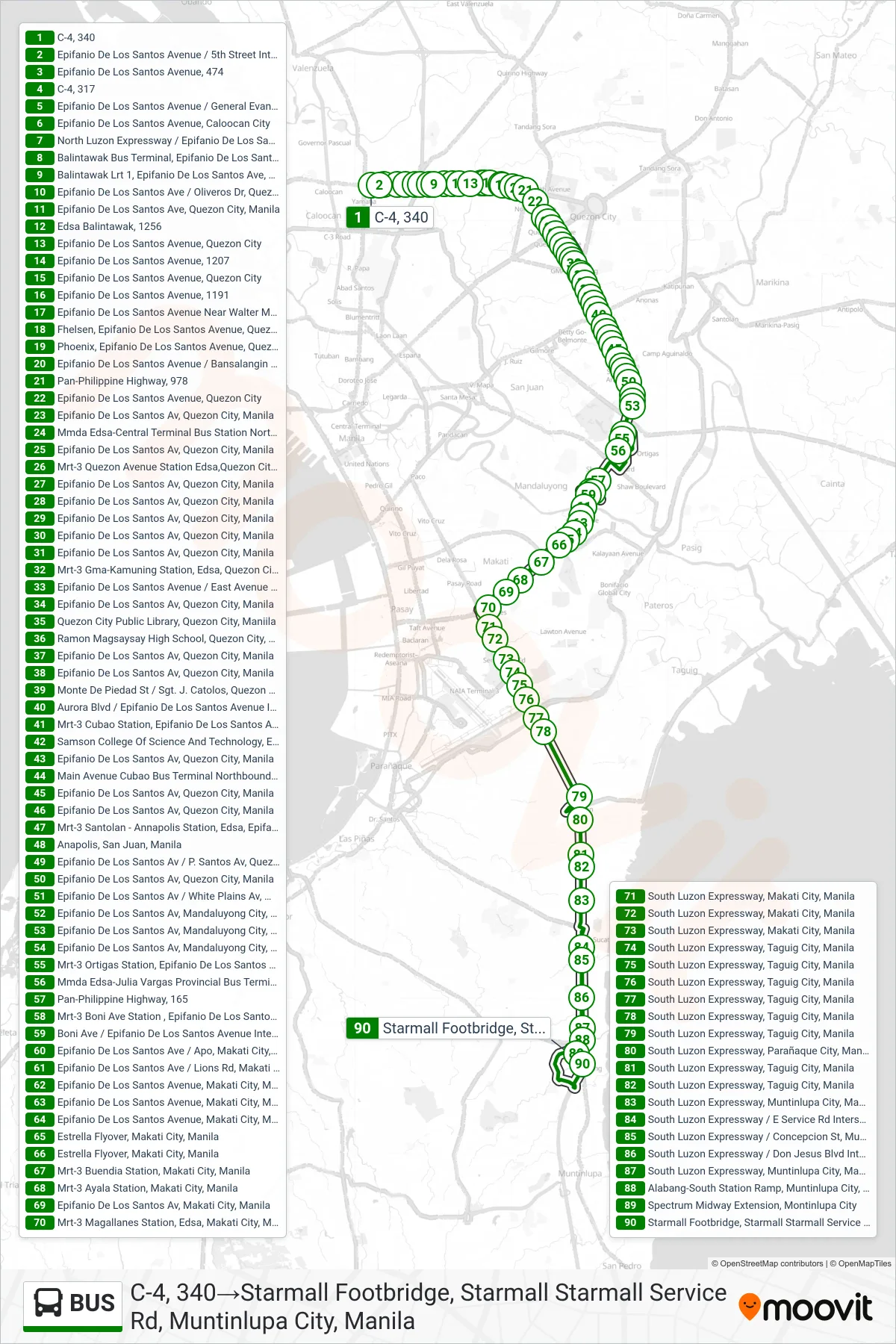 BUS bus Line (C-4, 340‎→Starmall Footbridge, Starmall Starmall Service Rd, Muntinlupa City, Manila) route and stops on a map