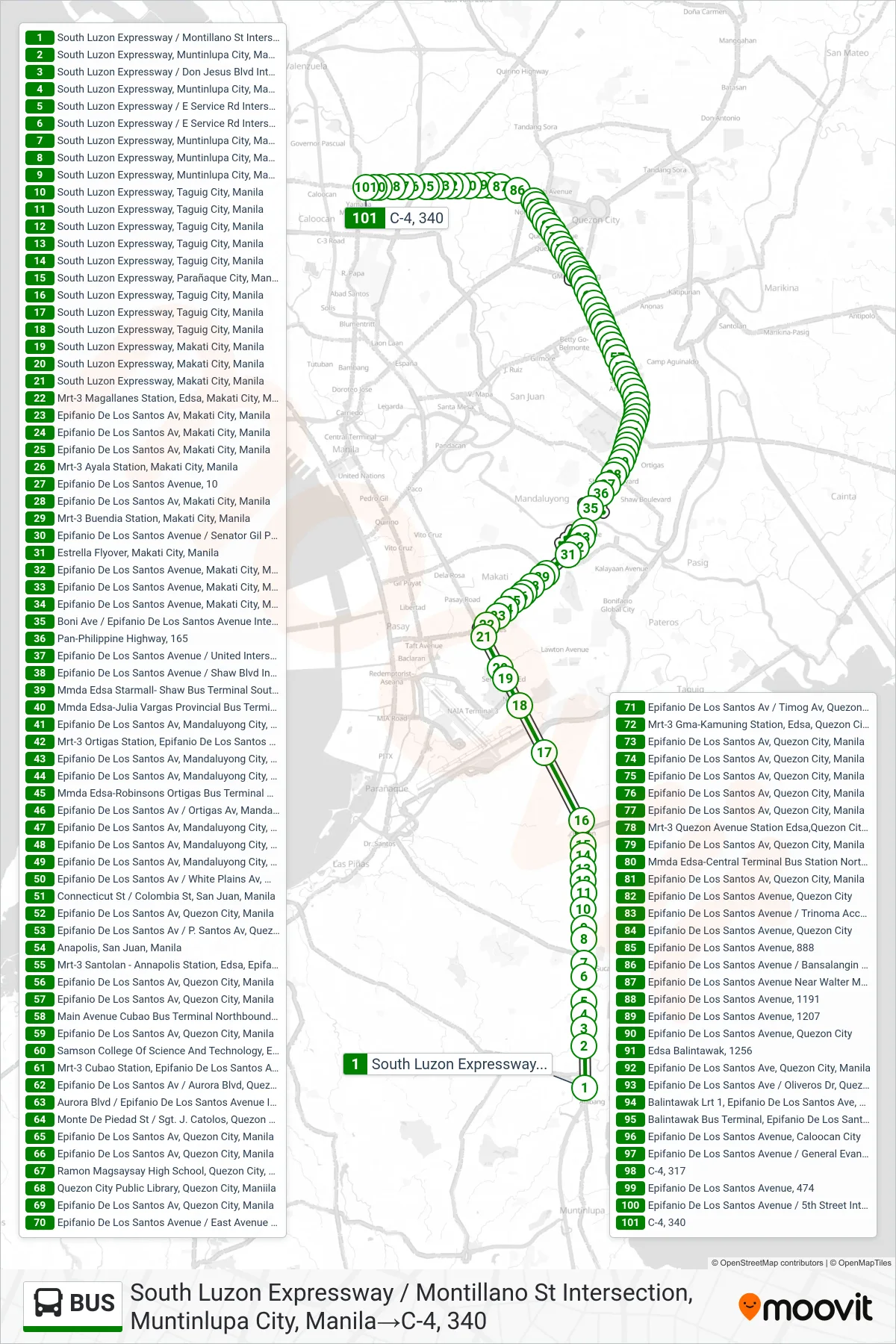 BUS bus Line (South Luzon Expressway / Montillano St Intersection, Muntinlupa City, Manila‎→C-4, 340) route and stops on a map