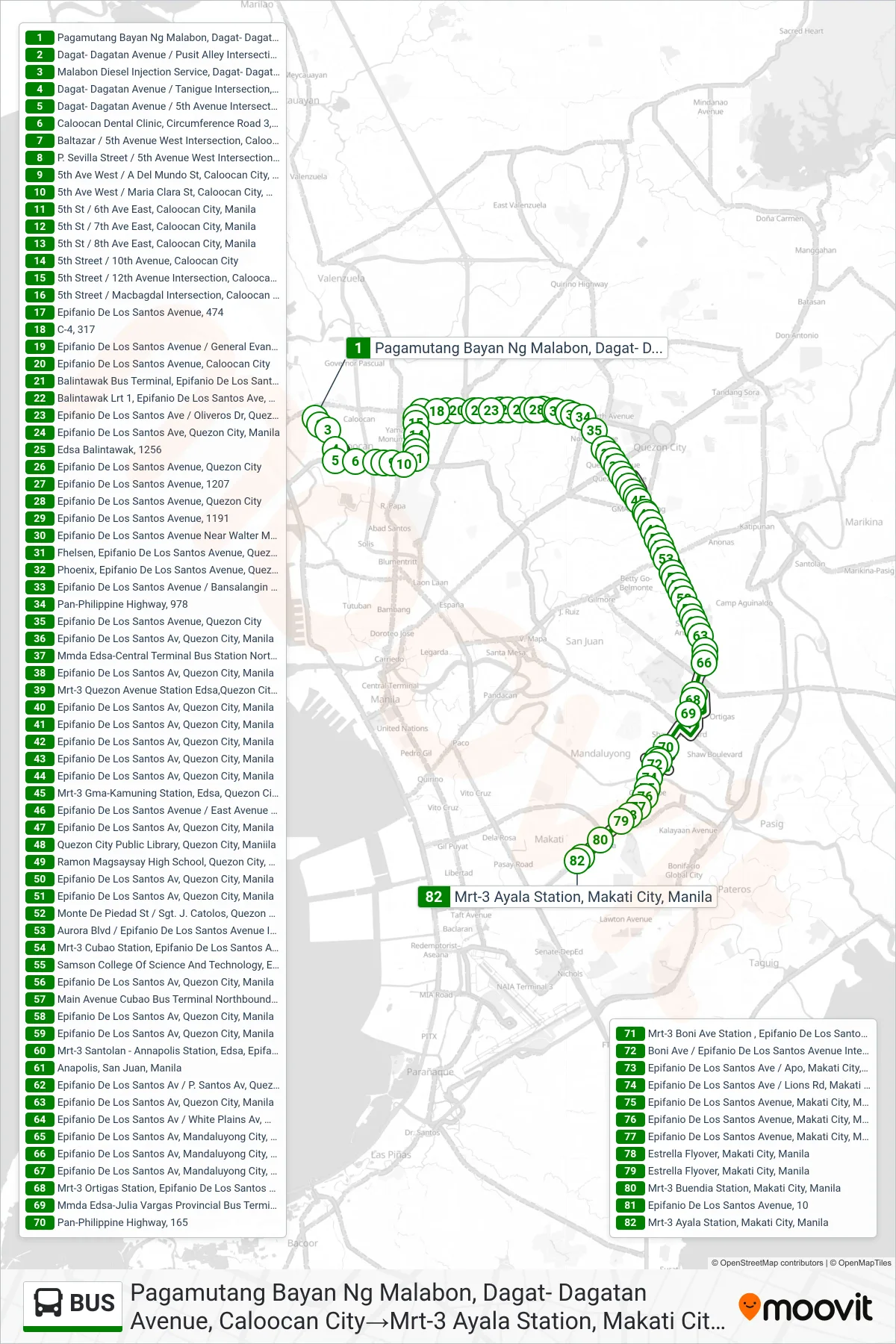 BUS bus Line (Pagamutang Bayan Ng Malabon, Dagat- Dagatan Avenue, Caloocan City‎→Mrt-3 Ayala Station, Makati City, Manila) route and stops on a map