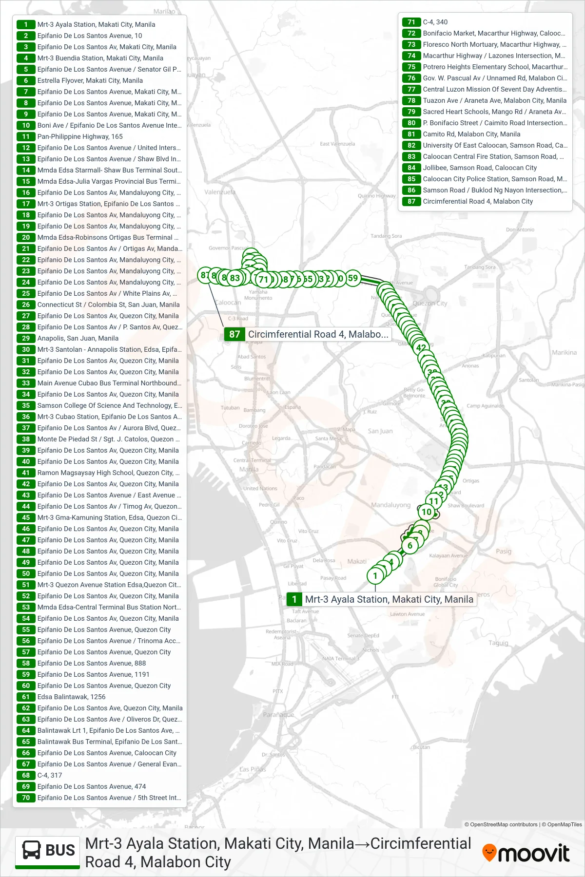 BUS bus Line (Mrt-3 Ayala Station, Makati City, Manila→Circimferential Road 4, Malabon City) route and stops on a map