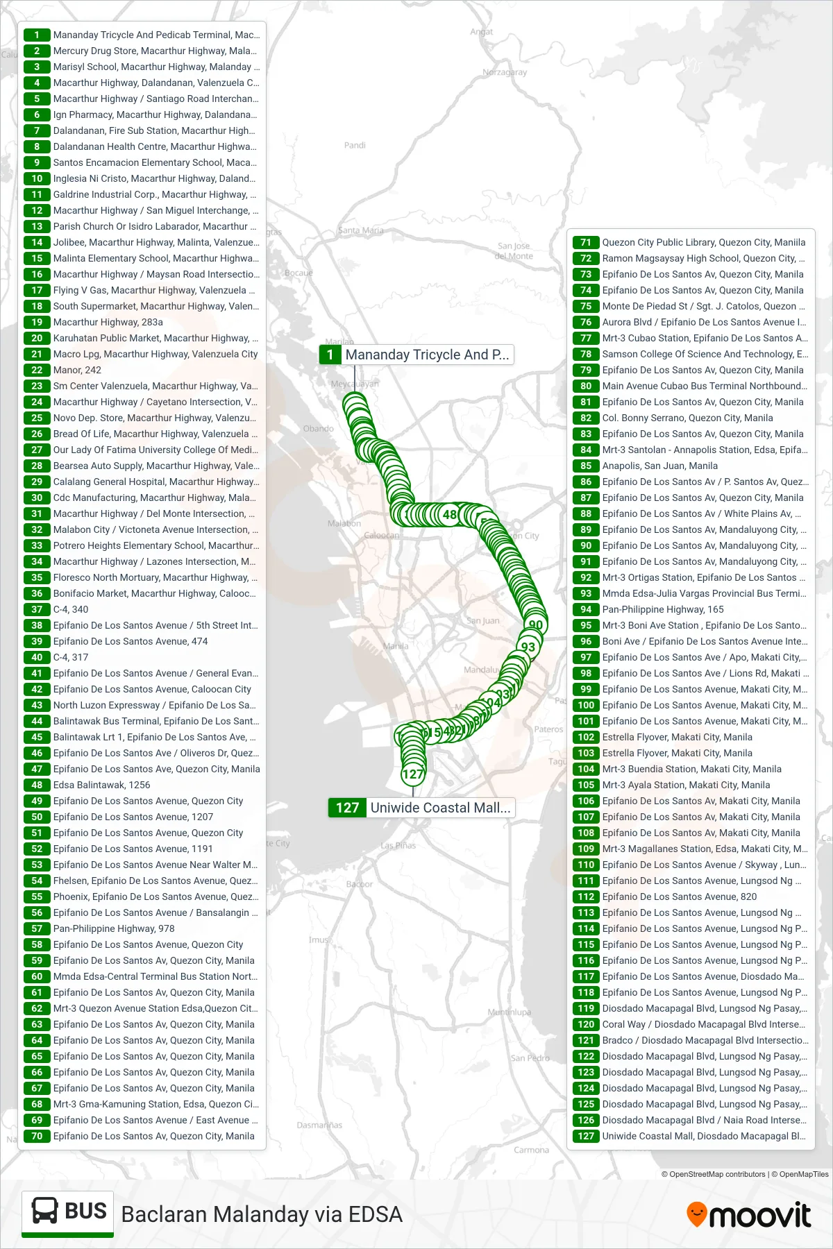 BUS bus Line (Mananday Tricycle And Pedicab Terminal, Macarthur Highway, Malanday, Valenzuela City→Uniwide Coastal Mall, Diosdado Macapagal Blvd, Parañaque City, Manila) route and stops on a map