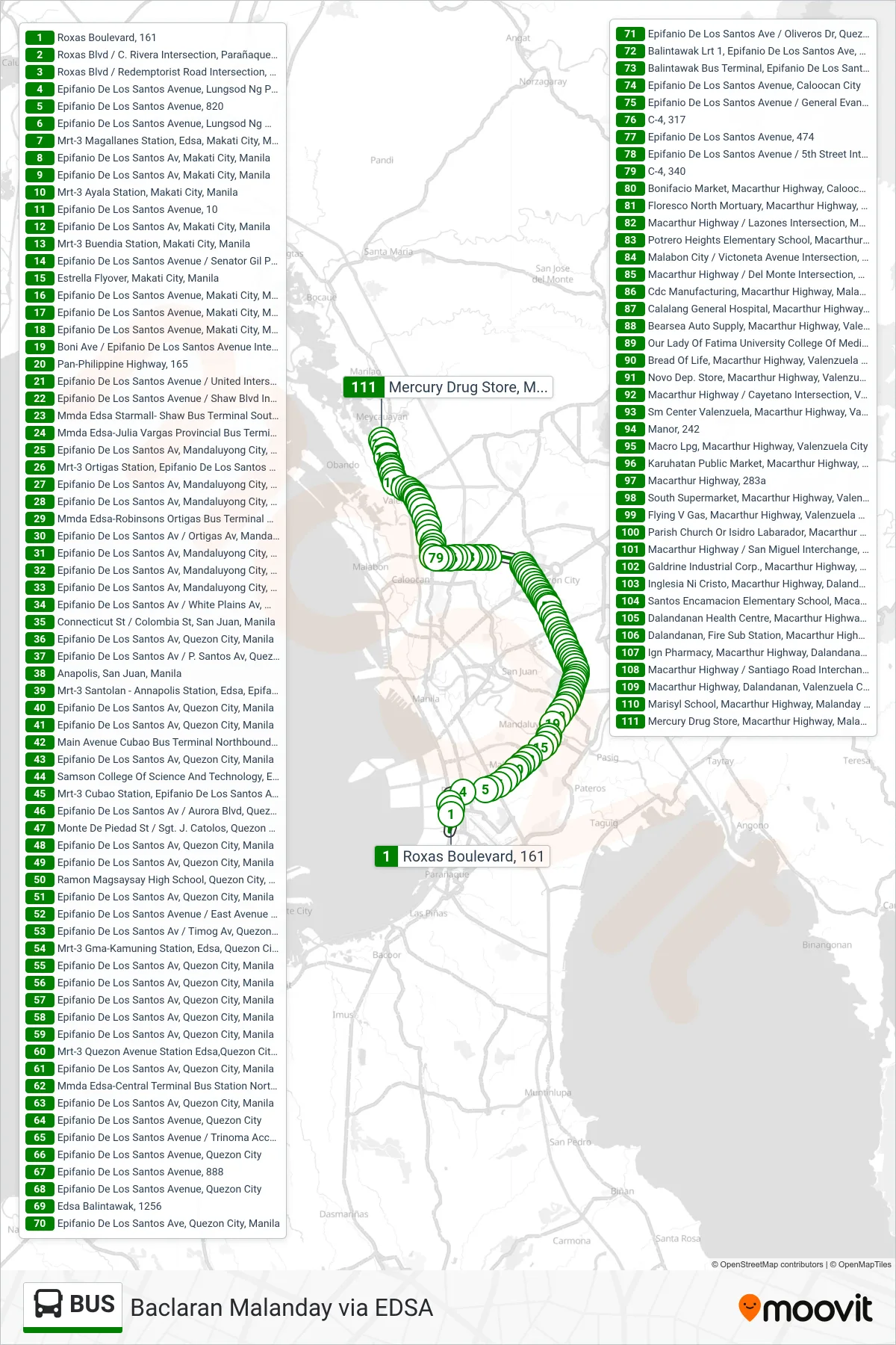 BUS bus Line (Roxas Boulevard, 161‎→Mercury Drug Store, Macarthur Highway, Malanday, Valenzuela City) route and stops on a map