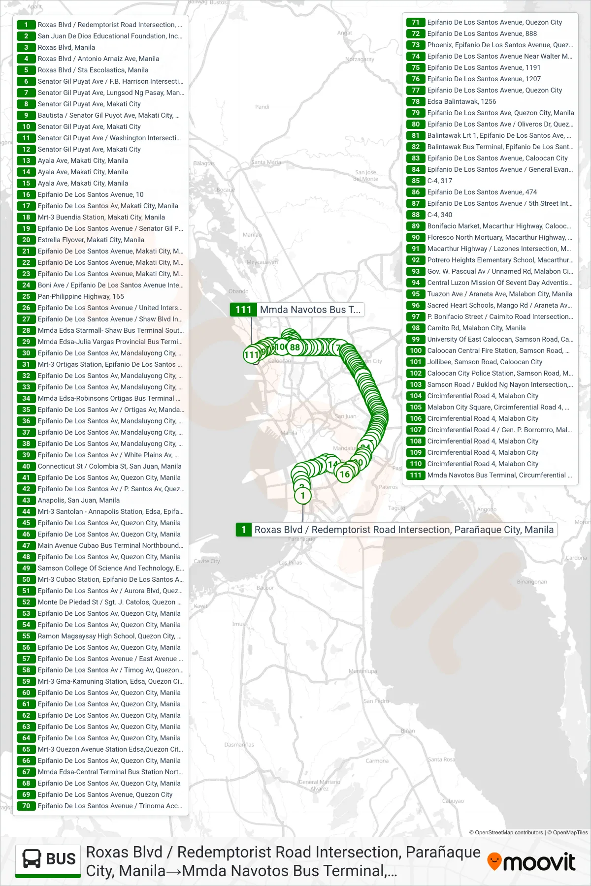 BUS bus Line (Roxas Blvd / Redemptorist Road Intersection, Parañaque City, Manila→Mmda Navotos Bus Terminal, Circumferential Road 4, Navotas City, Manila) route and stops on a map