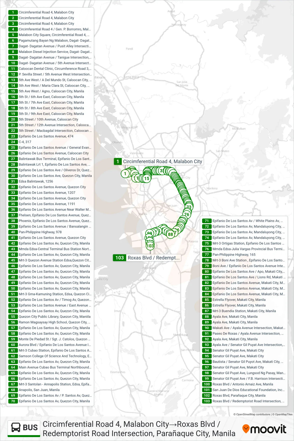 BUS bus Line (Circimferential Road 4, Malabon City→Roxas Blvd / Redemptorist Road Intersection, Parañaque City, Manila) route and stops on a map