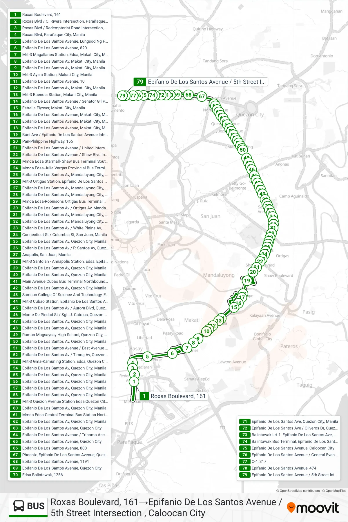 BUS bus Line (Roxas Boulevard, 161‎→Epifanio De Los Santos Avenue / 5th Street Intersection , Caloocan City) route and stops on a map