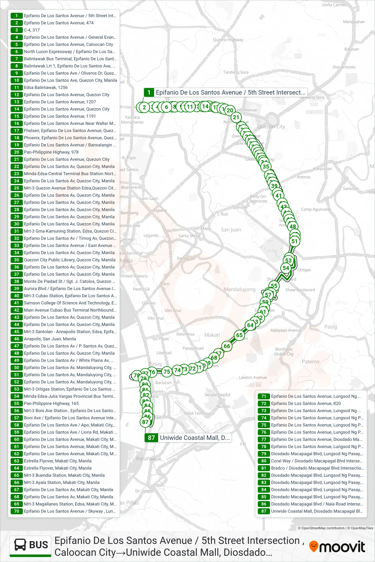 BUS bus Line (Epifanio De Los Santos Avenue / 5th Street Intersection , Caloocan City→Uniwide Coastal Mall, Diosdado Macapagal Blvd, Parañaque City, Manila) route and stops on a map