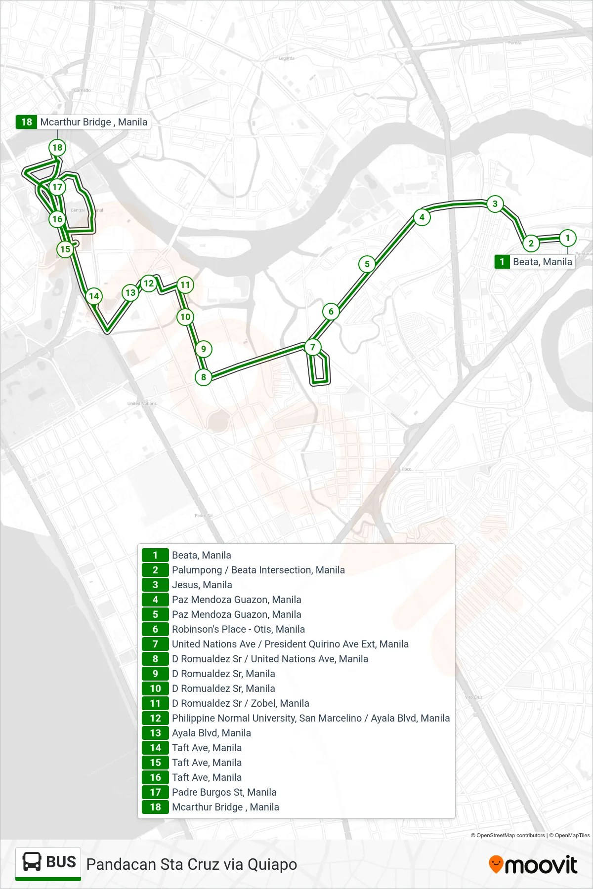 BUS bus Line (Beata, Manila→Mcarthur Bridge , Manila) route and stops on a map