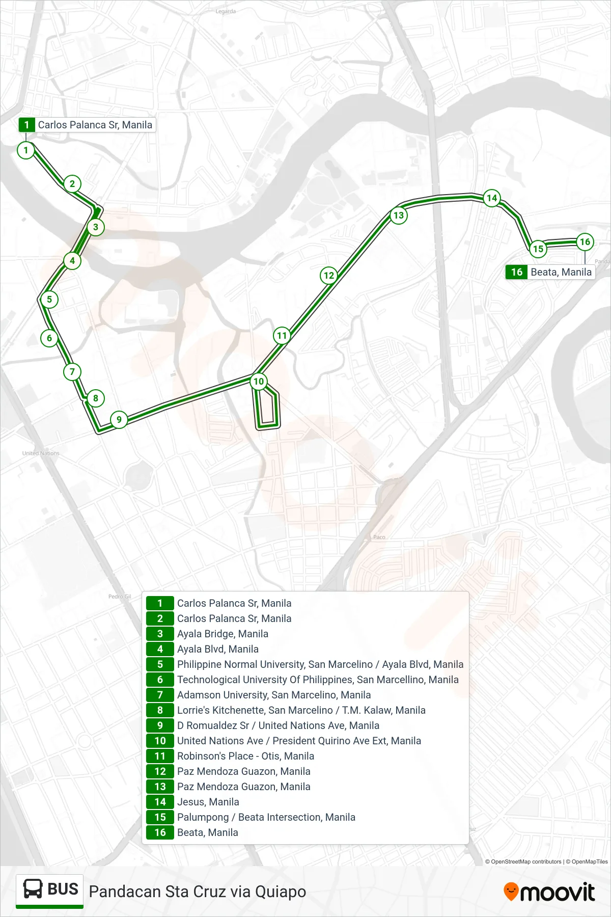 BUS bus Line (Carlos Palanca Sr, Manila→Beata, Manila) route and stops on a map